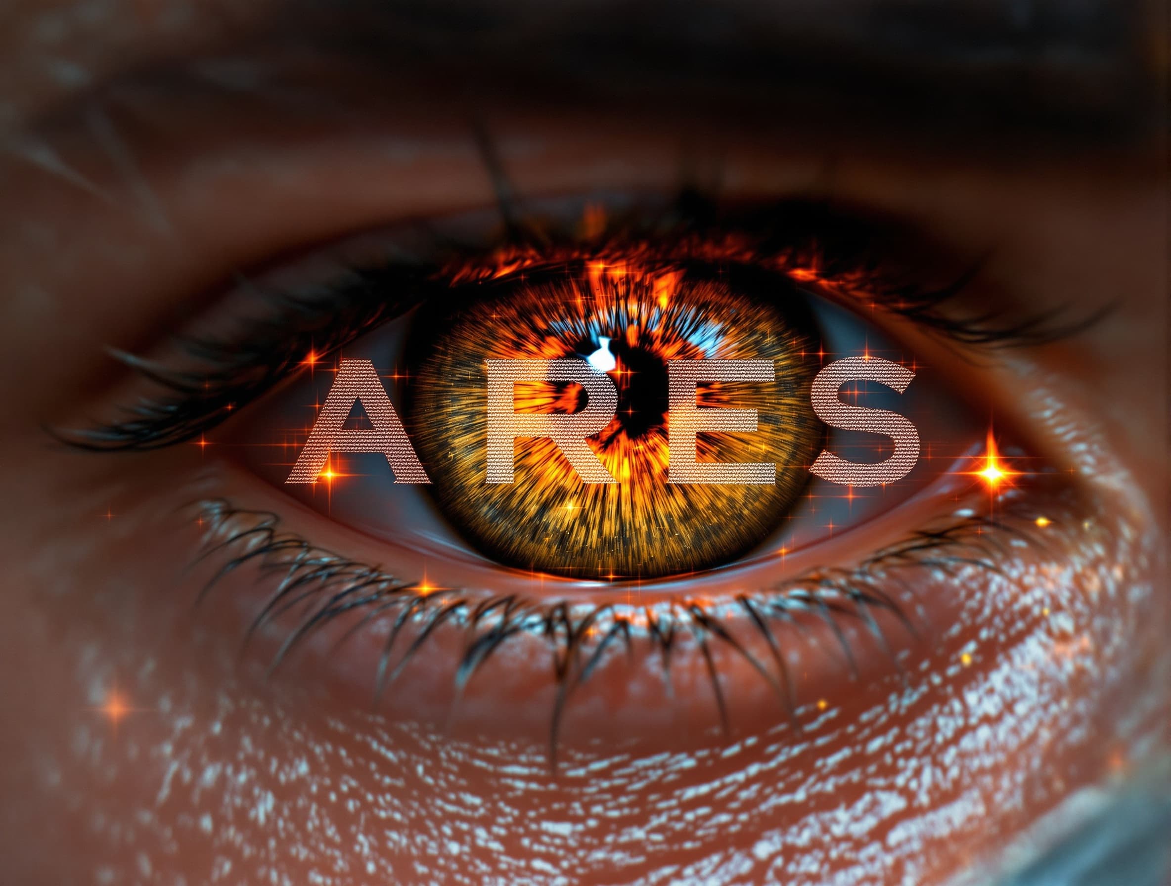 Extreme close-up of an eye of a spartan soldier, direct frontal view. Detailed iris and pupil. Fiery glow eye. Scorching ember. Sharp focus on eye texture and color. Natural lighting to capture authentic eye shine and depth. The word \"ARES\" is painted over it in big, digital cyberpunk text with visible texture.