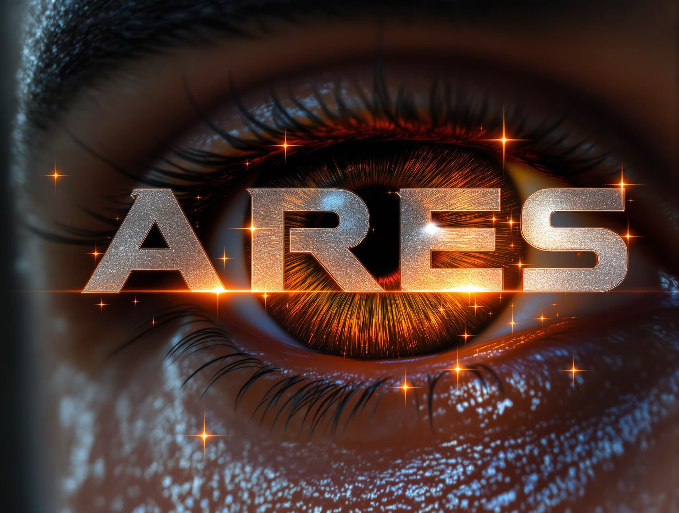 Extreme close-up of an eye of a spartan soldier, direct frontal view. Detailed iris and pupil. Fiery glow eye. Scorching ember. Sharp focus on eye texture and color. Natural lighting to capture authentic eye shine and depth. The word \"ARES\" is painted over it in big, digital cyberpunk text with visible texture.
