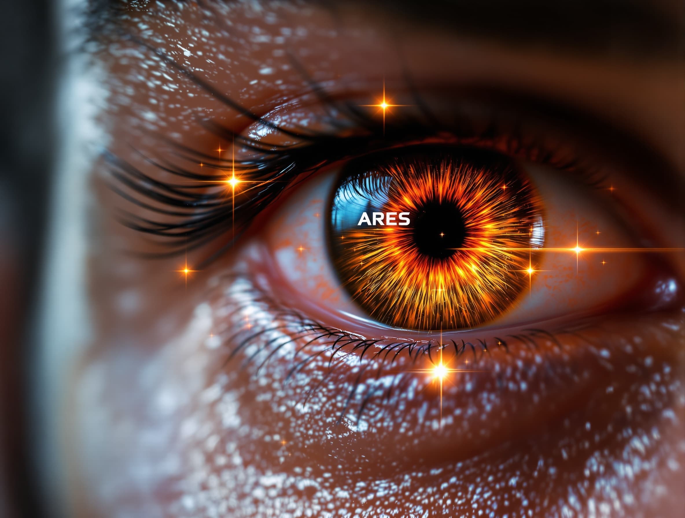 Extreme close-up of an eye of a spartan soldier, direct frontal view. Detailed iris and pupil. Fiery glow eye. Scorching ember. Sharp focus on eye texture and color. Natural lighting to capture authentic eye shine and depth. The word \"ARES\" is painted over it in big, digital cyberpunk text with visible texture.