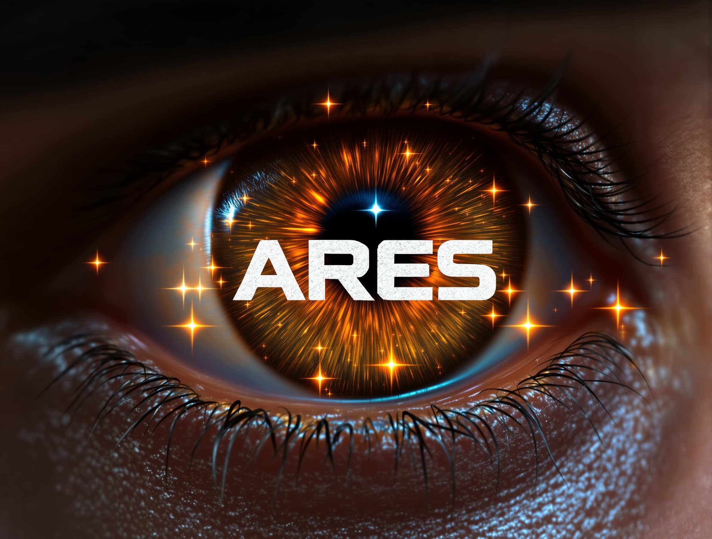 Extreme close-up of an eye of a spartan soldier, direct frontal view. Detailed iris and pupil. Fiery glow eye. Scorching ember. Sharp focus on eye texture and color. Natural lighting to capture authentic eye shine and depth. The word \"ARES\" is painted over it in big, digital cyberpunk text with visible texture.