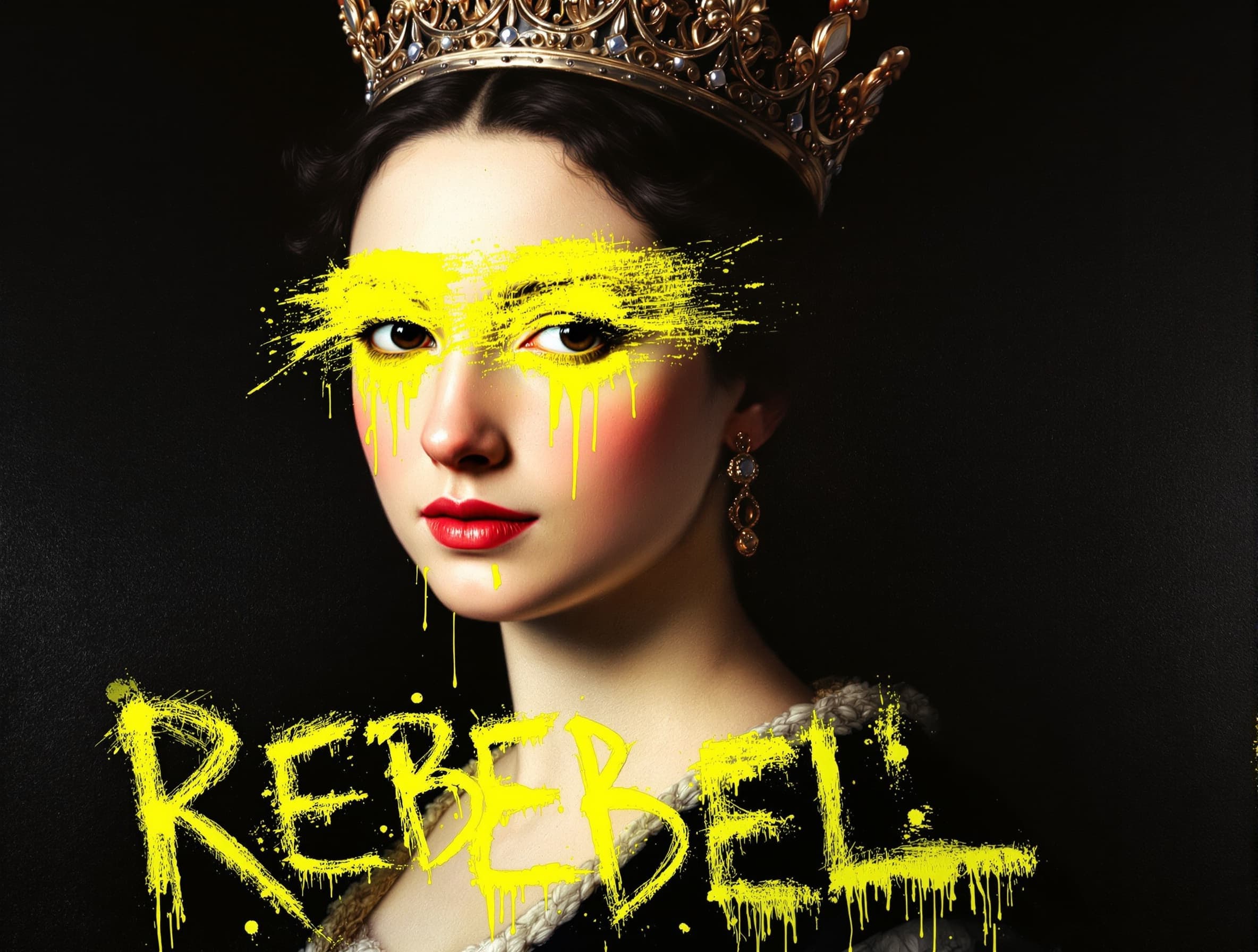 Baroque-style female portrait, pale painted skin, dark curled hair, wearing a regal crown integrated into the painting. Deep black background. Bold neon yellow paint smeared across the eyes with rough spray-paint texture, dripping and splattered. At the bottom, messy graffiti text reading "REBEL." in neon yellow spray paint with visible drips and irregular strokes. High-contrast clash between refined historical portraiture and chaotic modern graffiti.