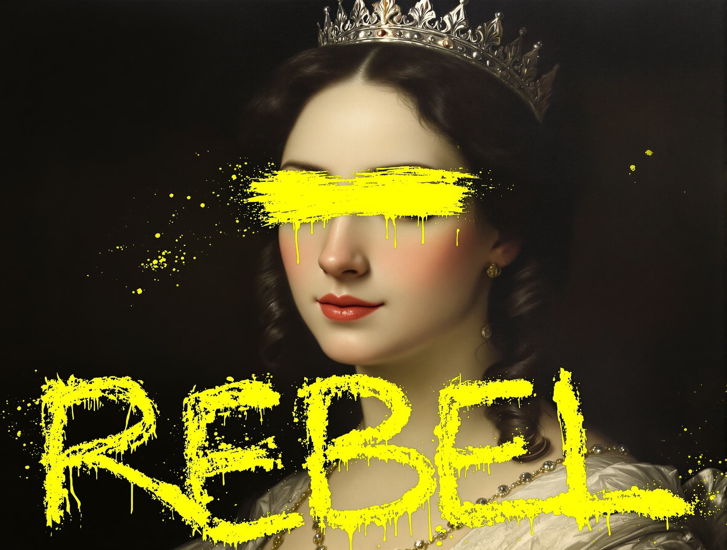 Baroque-style female portrait, pale painted skin, dark curled hair, wearing a regal crown integrated into the painting. Deep black background. Bold neon yellow paint smeared across the eyes with rough spray-paint texture, dripping and splattered. At the bottom, messy graffiti text reading "REBEL." in neon yellow spray paint with visible drips and irregular strokes. High-contrast clash between refined historical portraiture and chaotic modern graffiti.