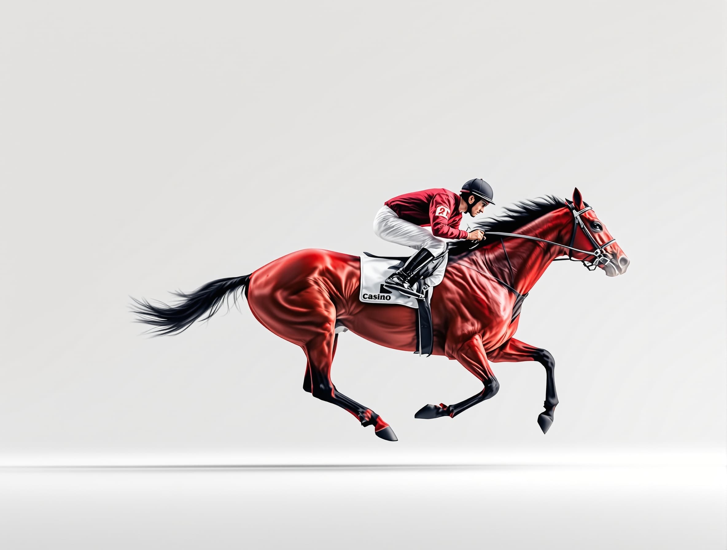 dynamic side view of a single racehorse with jockey mid-gallop on clean racetrack, no dust or motion blur, sleek red, black and white casino palette, minimalist background, photorealistic, elegant and premium look, sharp lighting, space for text