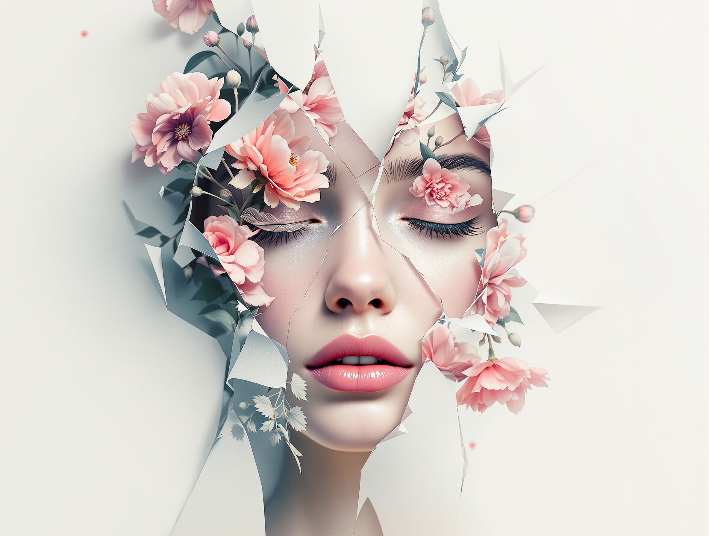 18h 3D render, trending on artstation, double exposure of girl and flowers, minimalism art, flat design photography, simple photography, face is real photography, Face ripped, flowers through the crack, skinny, girl, full body shot,