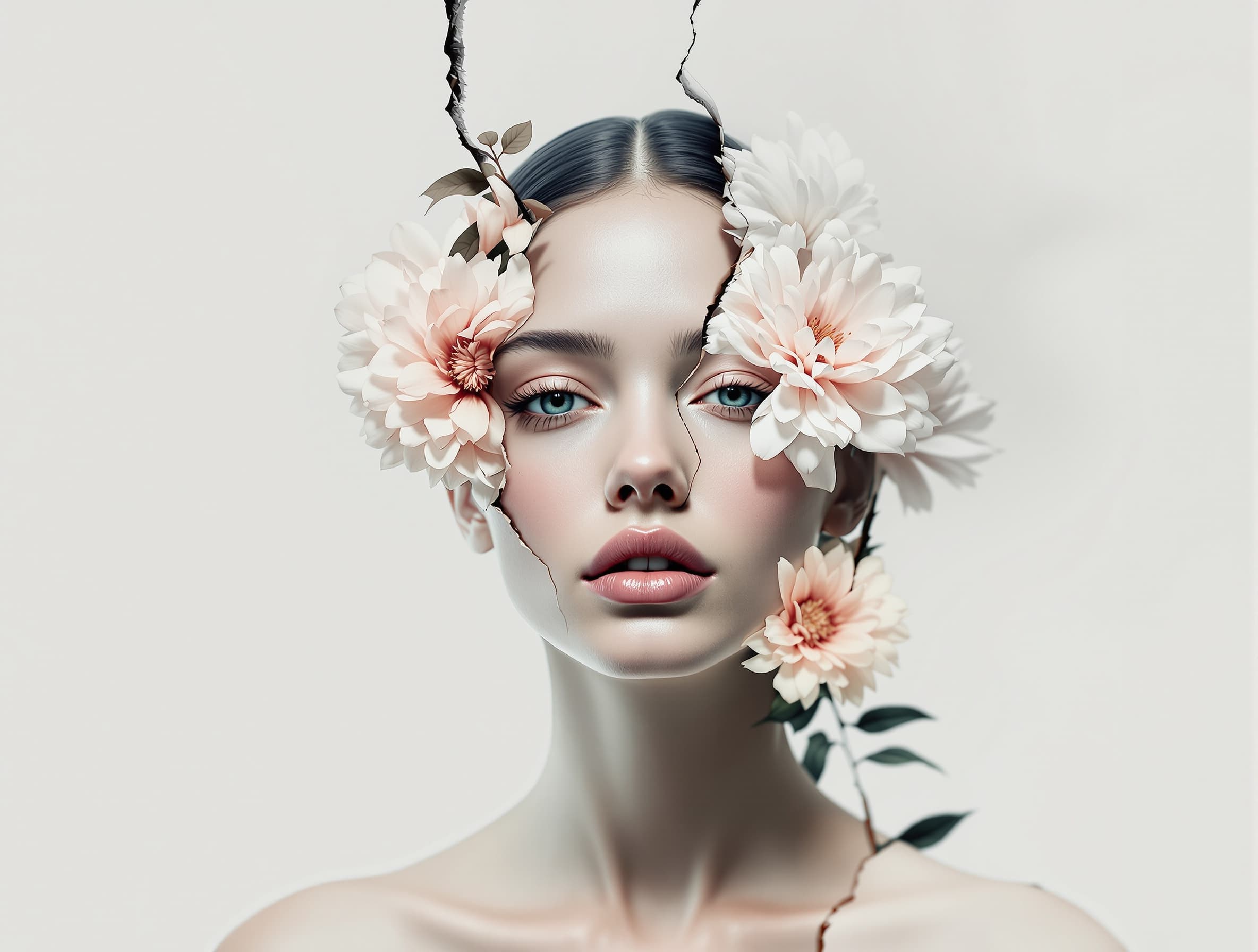 18h 3D render, trending on artstation, double exposure of girl and flowers, minimalism art, flat design photography, simple photography, face is real photography, Face ripped, flowers through the crack, skinny, girl, full body shot,
