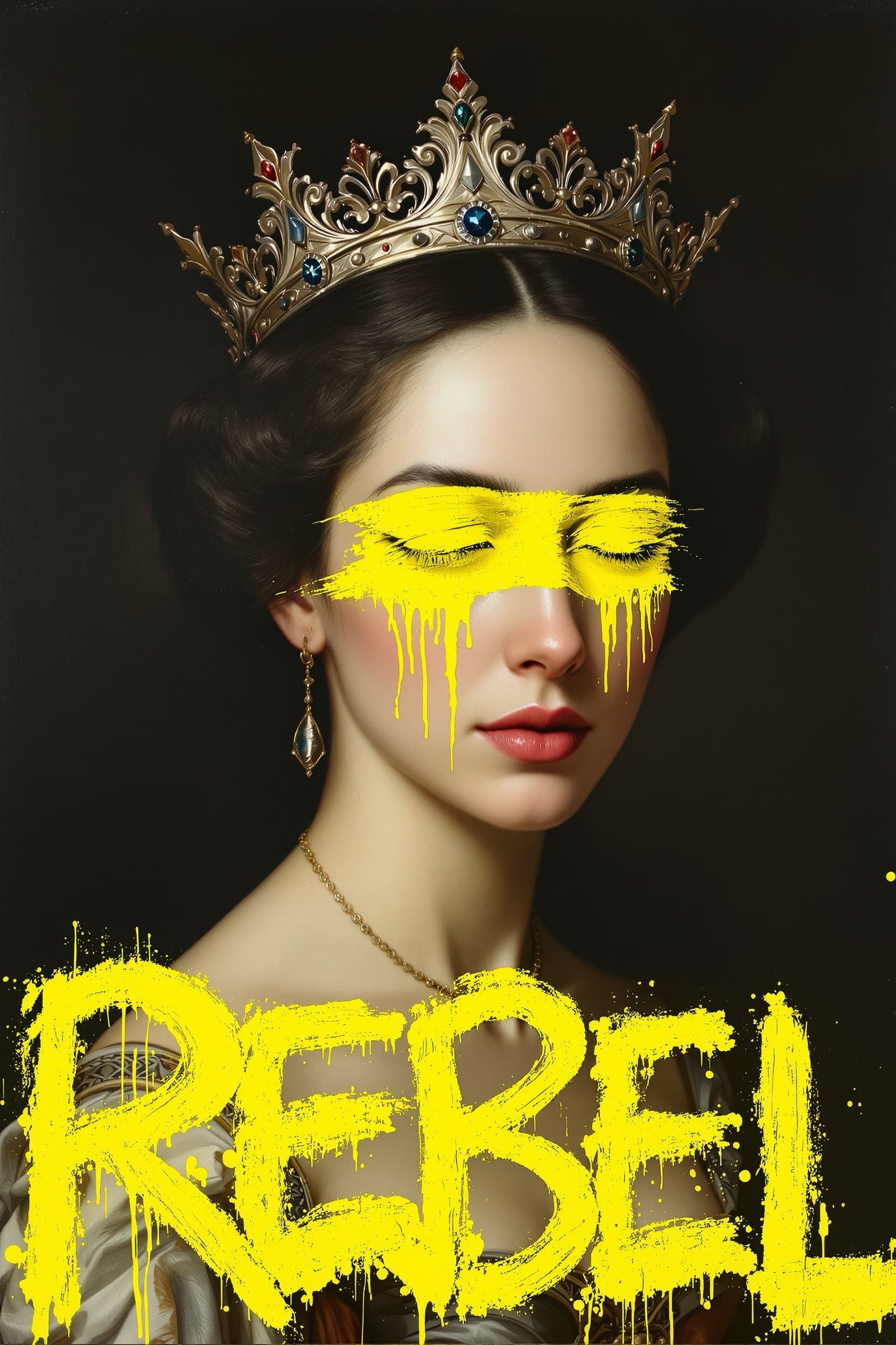 Baroque-style female portrait, pale painted skin, dark curled hair, wearing a regal crown integrated into the painting. Deep black background. Bold neon yellow paint smeared across the eyes with rough spray-paint texture, dripping and splattered. At the bottom, messy graffiti text reading "REBEL." in neon yellow spray paint with visible drips and irregular strokes. High-contrast clash between refined historical portraiture and chaotic modern graffiti.