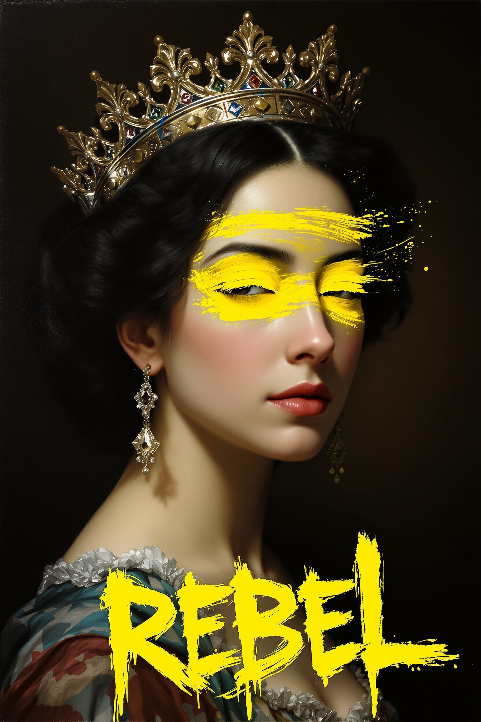 Baroque-style female portrait, pale painted skin, dark curled hair, wearing a regal crown integrated into the painting. Deep black background. Bold neon yellow paint smeared across the eyes with rough spray-paint texture, dripping and splattered. At the bottom, messy graffiti text reading "REBEL." in neon yellow spray paint with visible drips and irregular strokes. High-contrast clash between refined historical portraiture and chaotic modern graffiti.