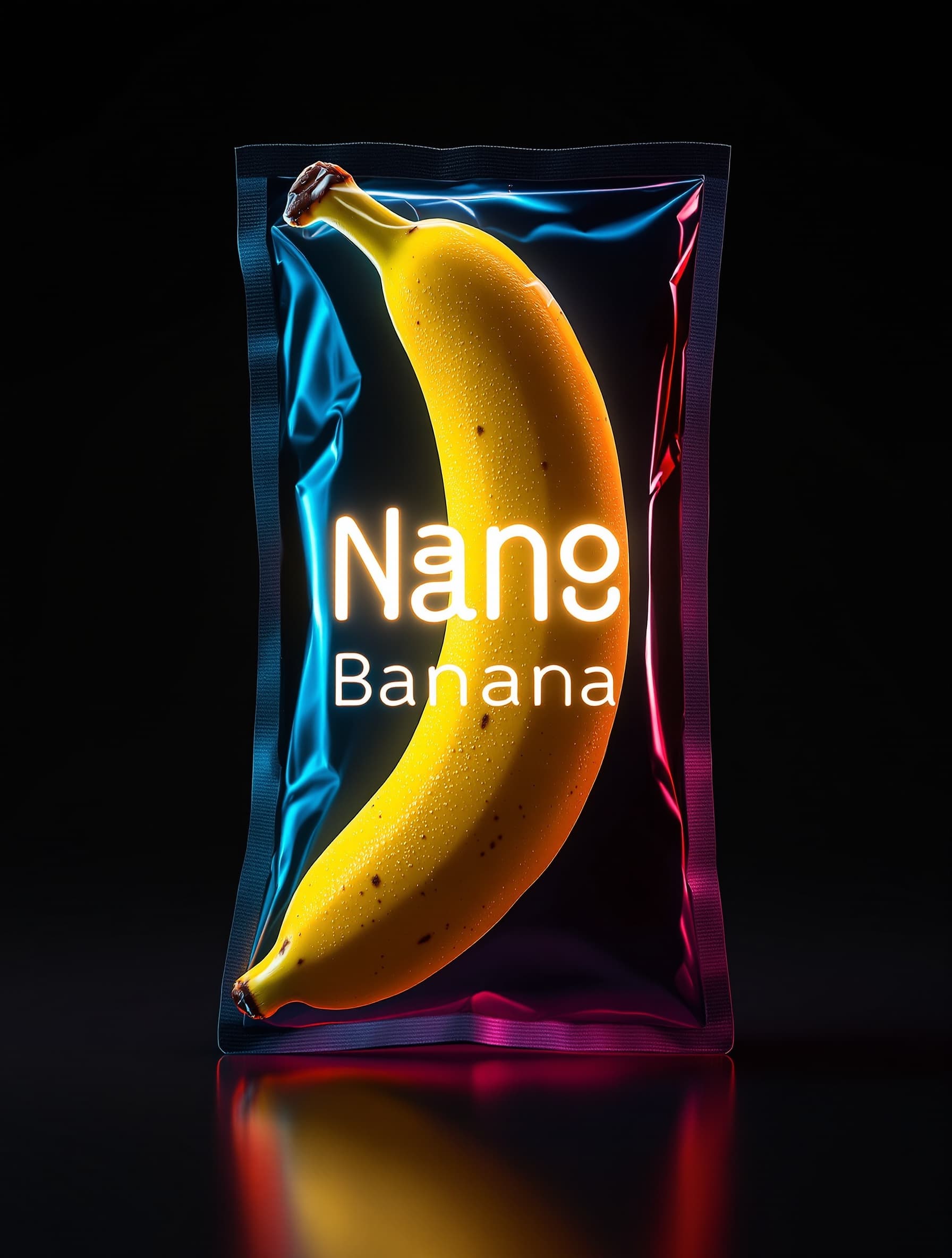 banana in a blister package, with techno cypyright "Nano Banana", neon light on black bakcground, professional product shot, ultra realistic