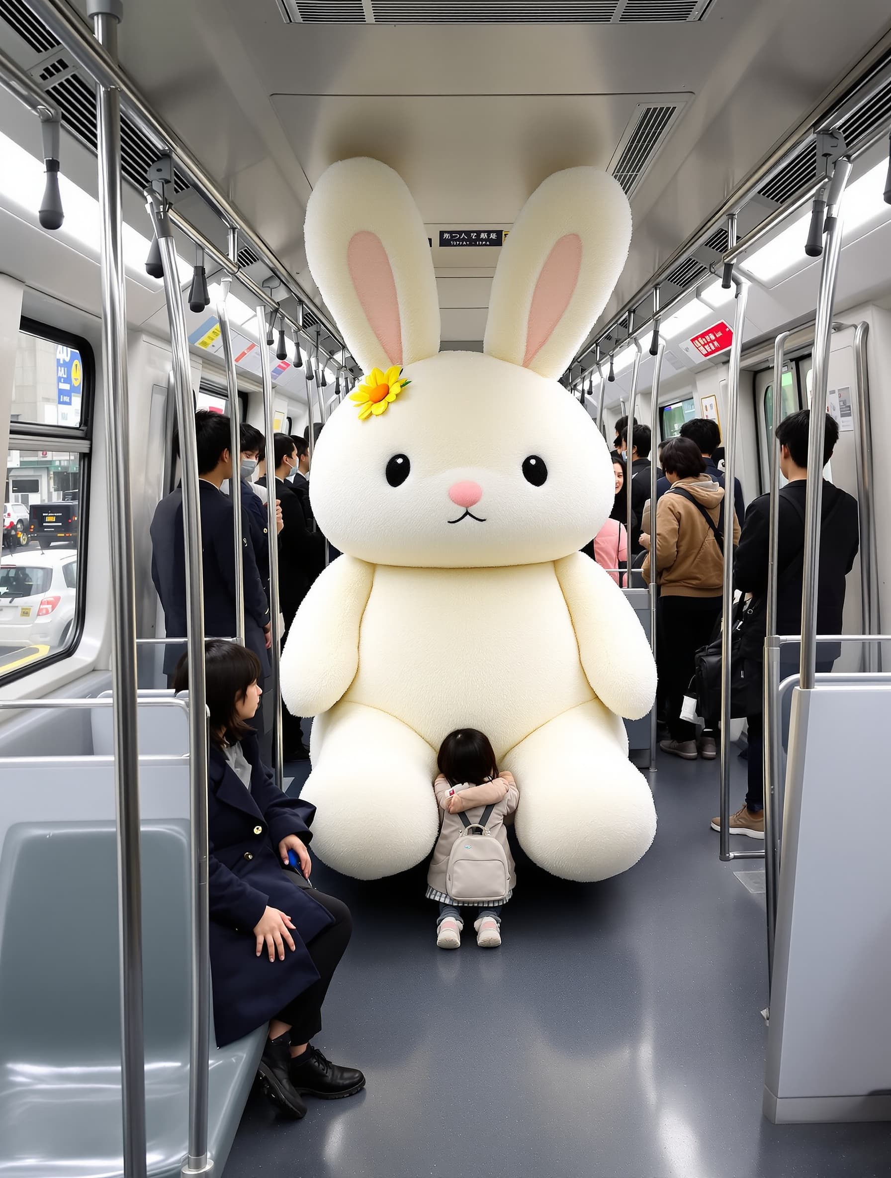 a photograph of the interior of a japanese train car, showing a full-body shot of people standing in line and looking at the camera. a giant, cute white rabbit plushie made of wool, with a yellow flower hair clip, is riding the subway through the traffic of tokyo city. the people around the rabbit appear very small in comparison.