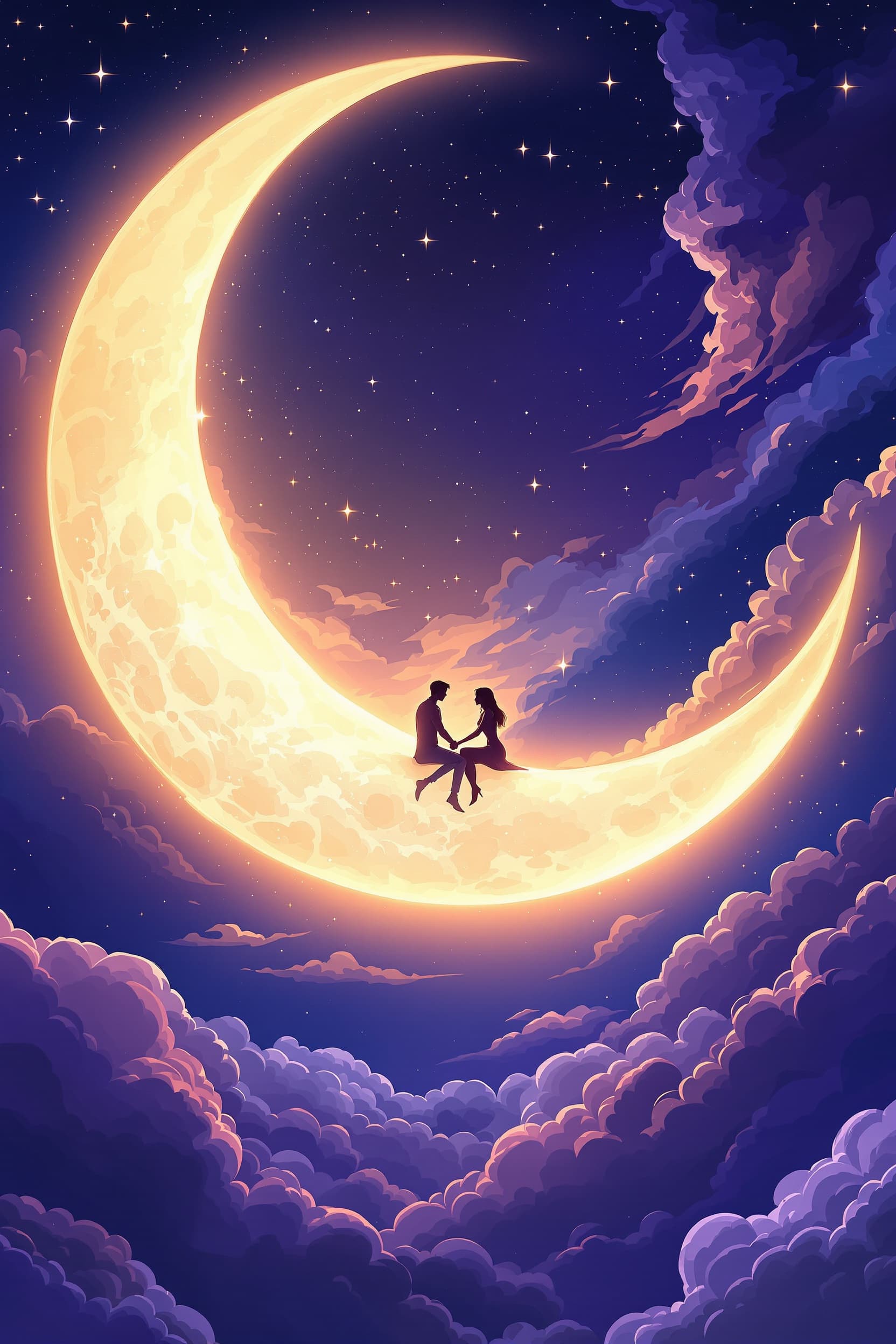 a couple sitting on a giant bright crescent moon, abstract, romantic, magical, epic, a night filled stars and clouds, drawn in the style of concept art,