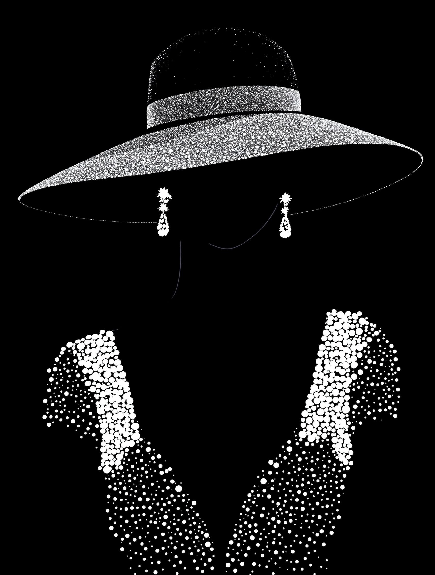 a beautiful woman wearing an elegant hat and earrings, a sparkling dress, vector illustration with simple lines, against a black background, with white glittering sequins on her shoulders, silhouettes, her face hidden in shadows, no facial features visible, in an elegant pose, in the style of diamond wire photography, with a vintage elegance and a shimmer effect, creating a glamorous appearance.