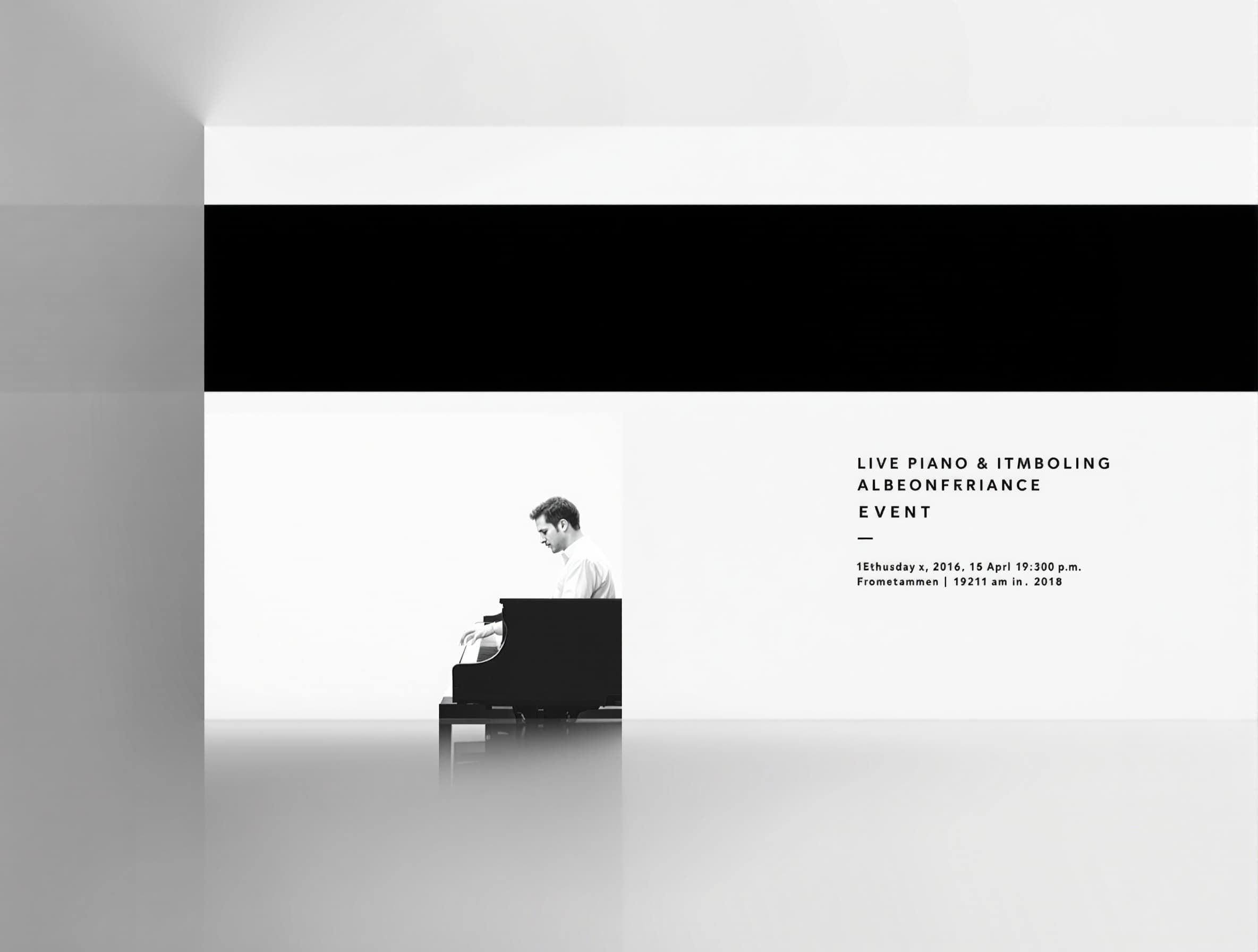 Minimalist poster design of a live piano performance, pianist playing on the left side, the piano's right edge transforming into a bold horizontal black line extending across the layout, connecting to a clean text block, modern graphic design, strong contrast, no clutter