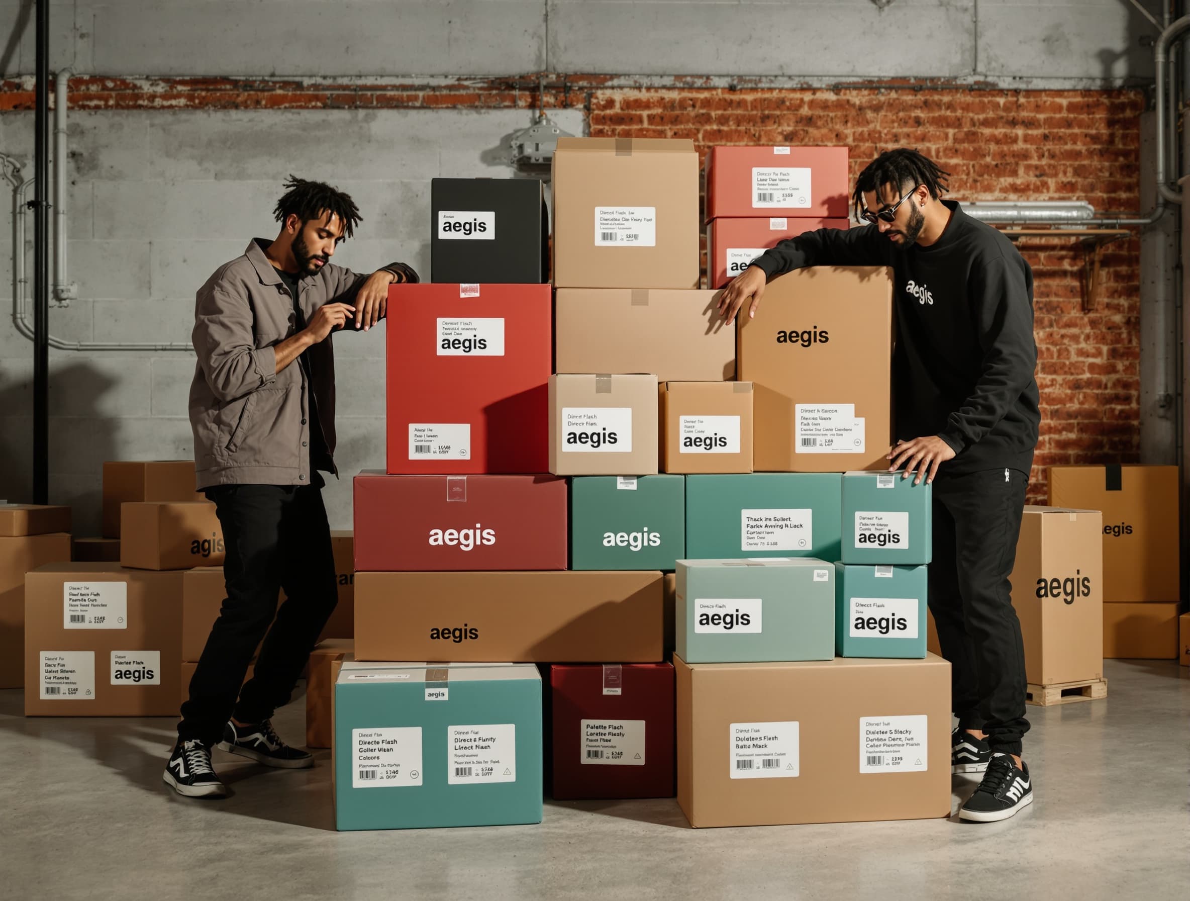 direct flash editorial photo of stacked shipping boxes with bold minimalist designs, shot in a trendy industrial or studio setting. models in stylish, streetwear-inspired outfits interacting with the boxes candid poses, natural gestures. harsh on-camera flash lighting with sharp shadows and slight glare for a nostalgic, fashion-shoot look. boxes designed in Aegis brand colors (#b94226 deep red, #d8a252 golden tan, #146d6a teal green, and black) with clean bold sans-serif typography. add white product labels clearly visible and neatly applied to each box, showing printed text as the main focus. composition inspired by Palette Supply and Pamipe packaging photography. editorial, high-resolution, realistic product photography style.