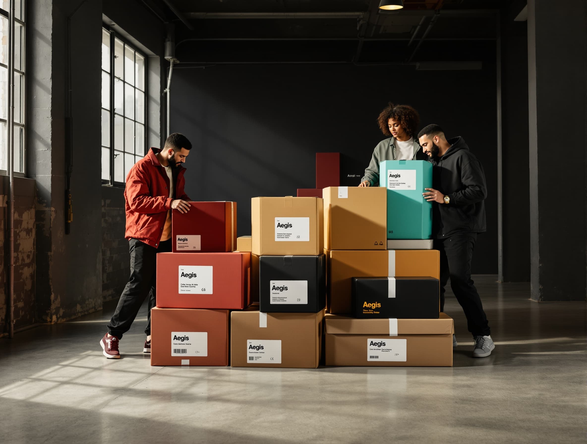 direct flash editorial photo of stacked shipping boxes with bold minimalist designs, shot in a trendy industrial or studio setting. models in stylish, streetwear-inspired outfits interacting with the boxes candid poses, natural gestures. harsh on-camera flash lighting with sharp shadows and slight glare for a nostalgic, fashion-shoot look. boxes designed in Aegis brand colors (#b94226 deep red, #d8a252 golden tan, #146d6a teal green, and black) with clean bold sans-serif typography. add white product labels clearly visible and neatly applied to each box, showing printed text as the main focus. composition inspired by Palette Supply and Pamipe packaging photography. editorial, high-resolution, realistic product photography style.