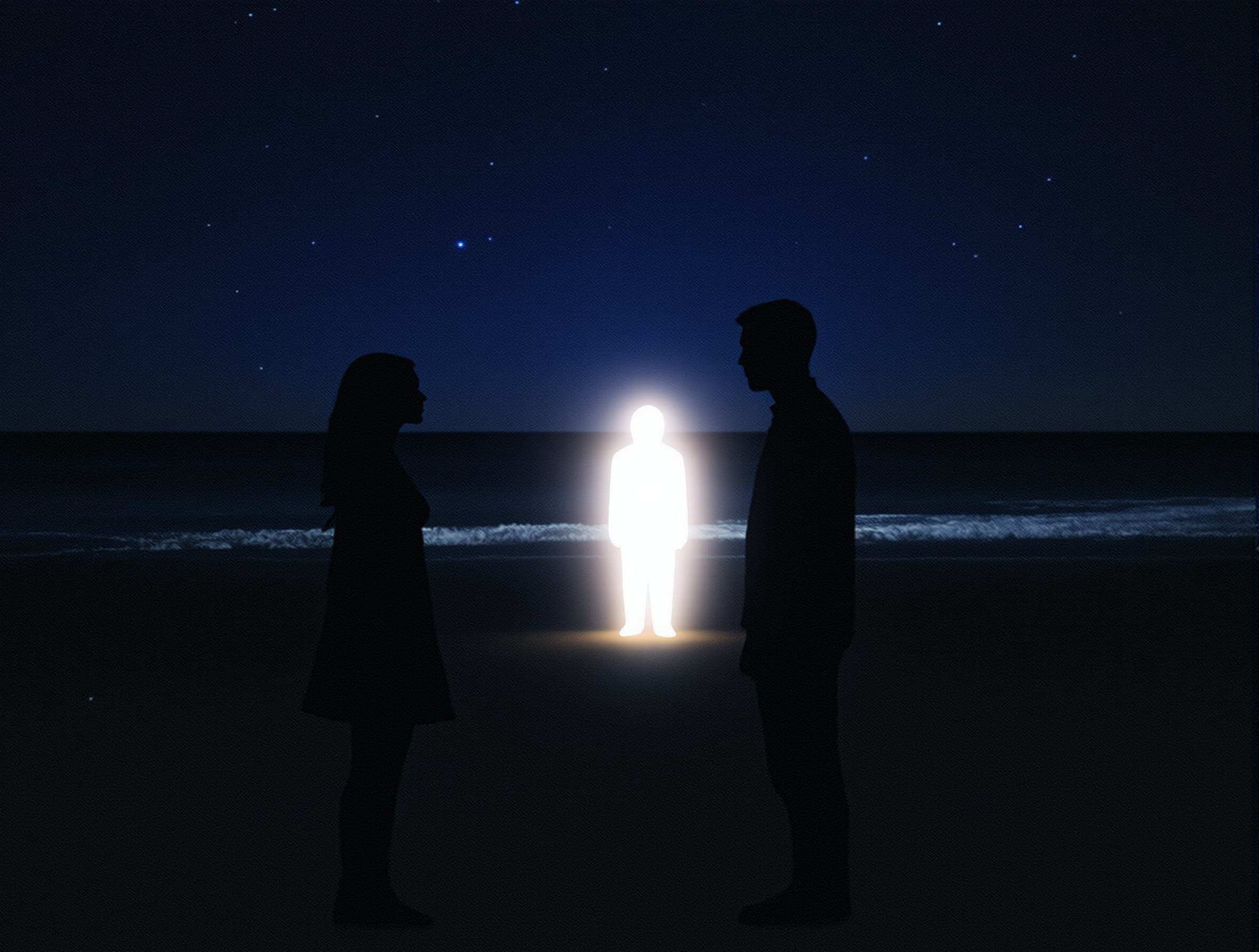 A digital art image shows a dark silhouette of a woman on the left side of the frame, and a blurred silhouette of a man on the right side of the frame, both standing on a beach. The man on the left is facing the glowing man. The glowing man is emitting a bright white light that illuminates the sand around him. The ocean is in the background, and the sky is a dark blue with stars. The image has a grainy texture. The color palette is mostly blues and whites, with some oranges and yellows in the sky.
