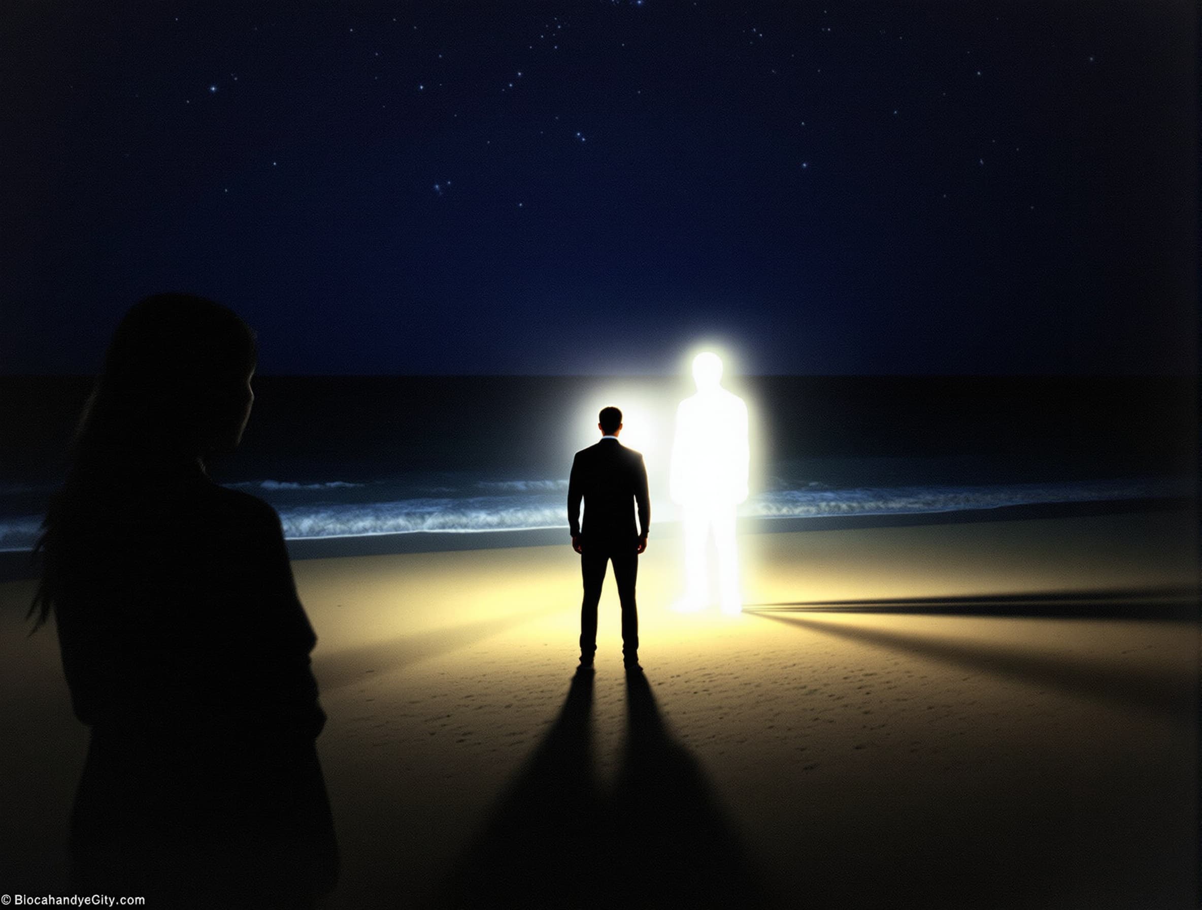 A digital art image shows a dark silhouette of a woman on the left side of the frame, and a blurred silhouette of a man on the right side of the frame, both standing on a beach. The man on the left is facing the glowing man. The glowing man is emitting a bright white light that illuminates the sand around him. The ocean is in the background, and the sky is a dark blue with stars. The image has a grainy texture. The color palette is mostly blues and whites, with some oranges and yellows in the sky