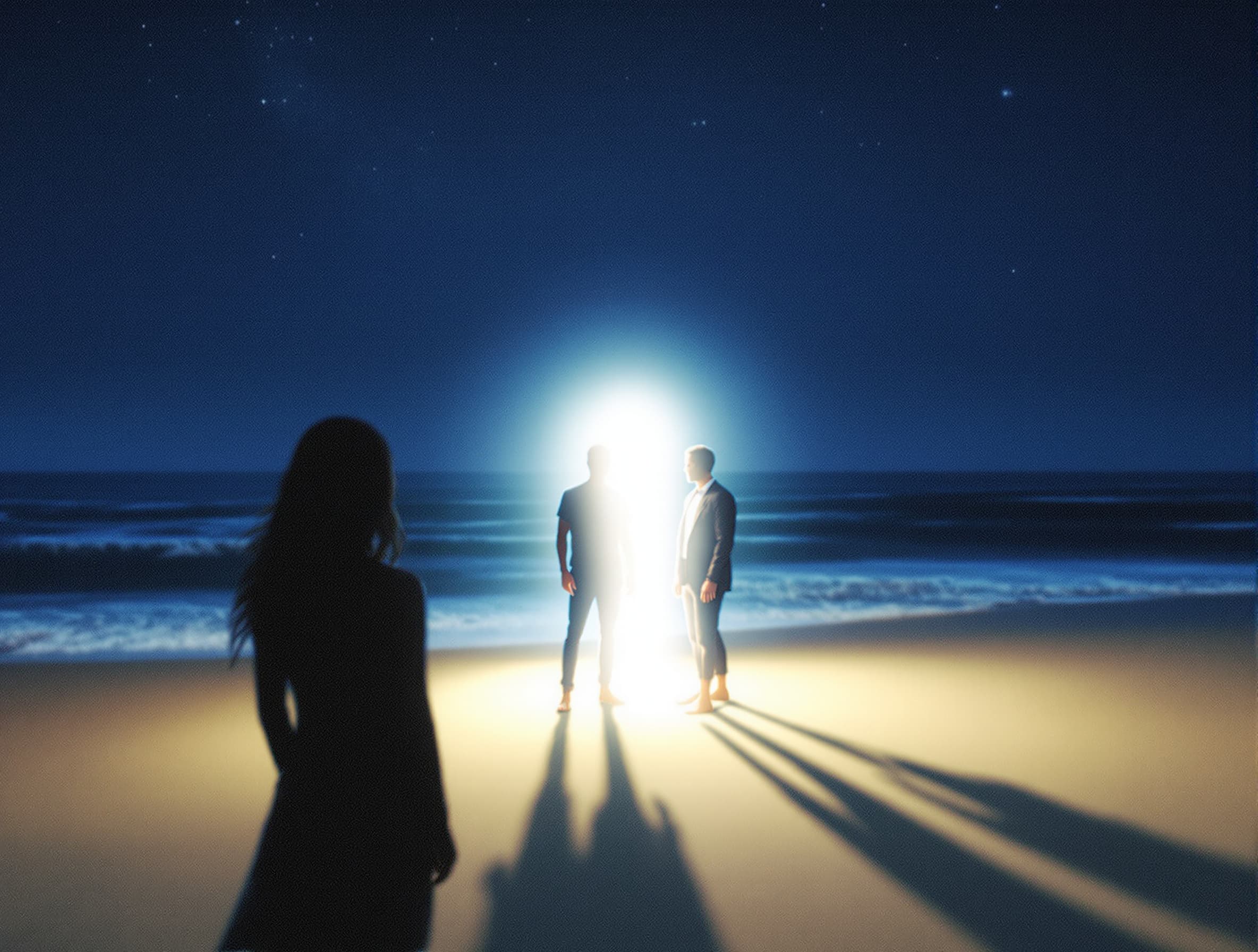 A digital art image shows a dark silhouette of a woman on the left side of the frame, and a blurred silhouette of a man on the right side of the frame, both standing on a beach. The man on the left is facing the glowing man. The glowing man is emitting a bright white light that illuminates the sand around him. The ocean is in the background, and the sky is a dark blue with stars. The image has a grainy texture. The color palette is mostly blues and whites, with some oranges and yellows in the sky