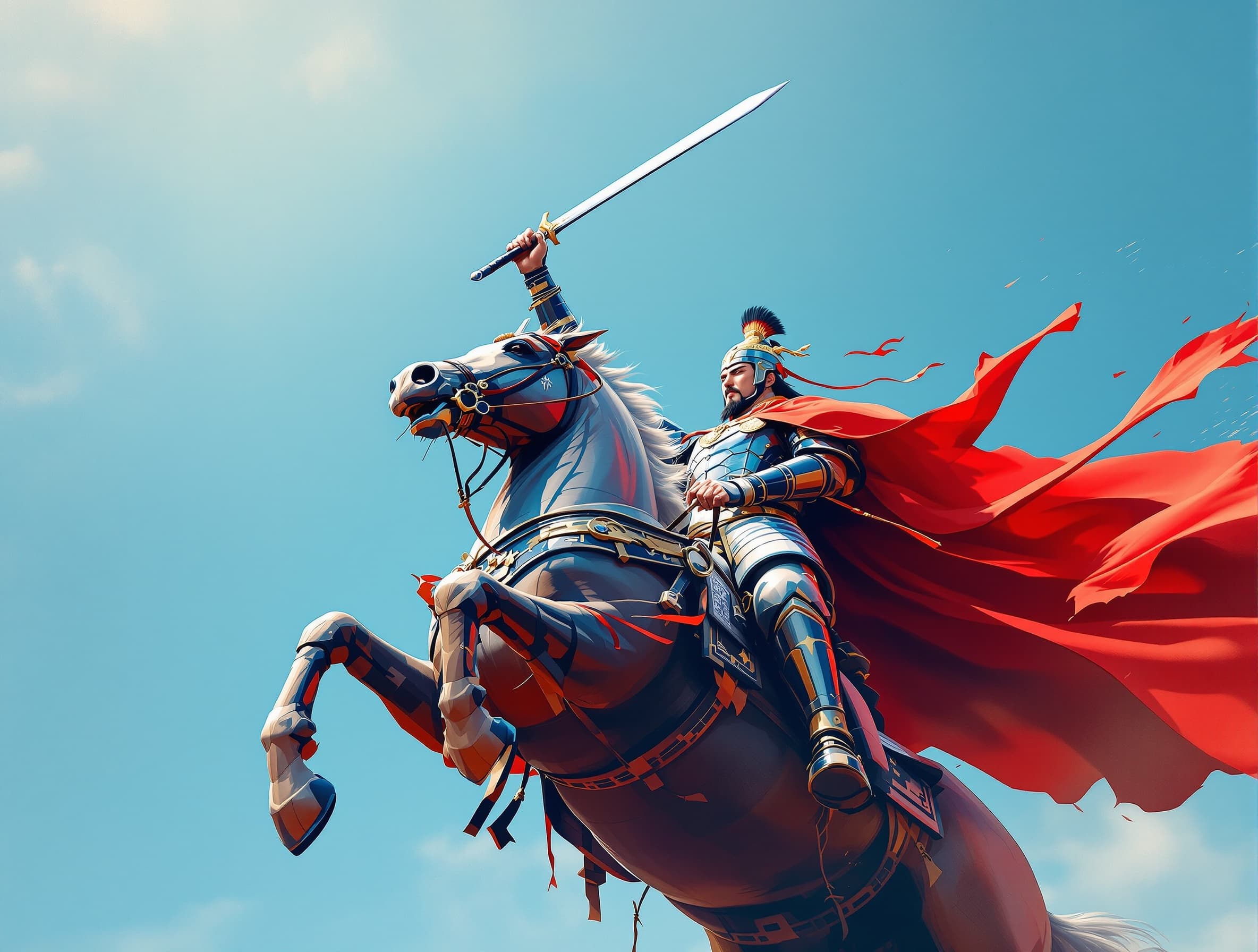 A mysterious nocturnal art inspired by "Mo Zheng" aesthetics of ghost rider on horse, A heroic statue of an emperor on horseback, captured from a low-angle perspective looking upwards against a clear blue sky. The emperor is depicted in full battle armor, wearing a helmet, with a cape dramatically flowing behind him. His right arm is raised high, brandishing a long, sharp sword, conveying a commanding presence. The horse is in a magnificent, dynamic pose, rearing up powerfully on its two hind legs, with its front legs lifted high, showcasing its immense strength and spirit. The overall impression is one of immense power, courage, and majesty, subtle gold elements, very colorful, rich colors, elegant calligraphic brush-stroke textures, high contrast, minimalist yet cinematic composition, modern Chinese ink-wash painting blended with sleek graphic design, evocative and sophisticated cover image, red background