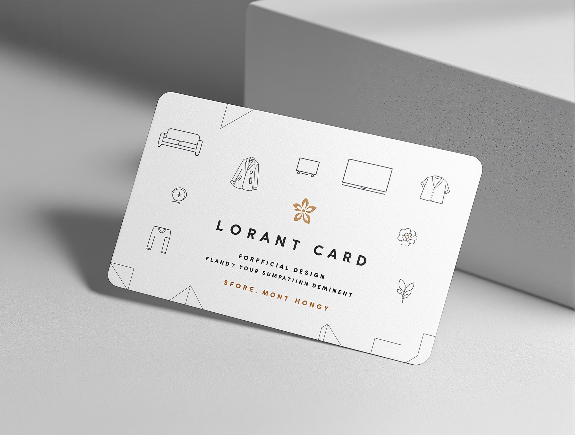 modern loyalty card design, matte background with subtle line icons (sofa, TV, clothing, flower, shopping cart), geometric minimal pattern, soft-touch effect, stylish sans-serif text, clean and contemporary retail identity