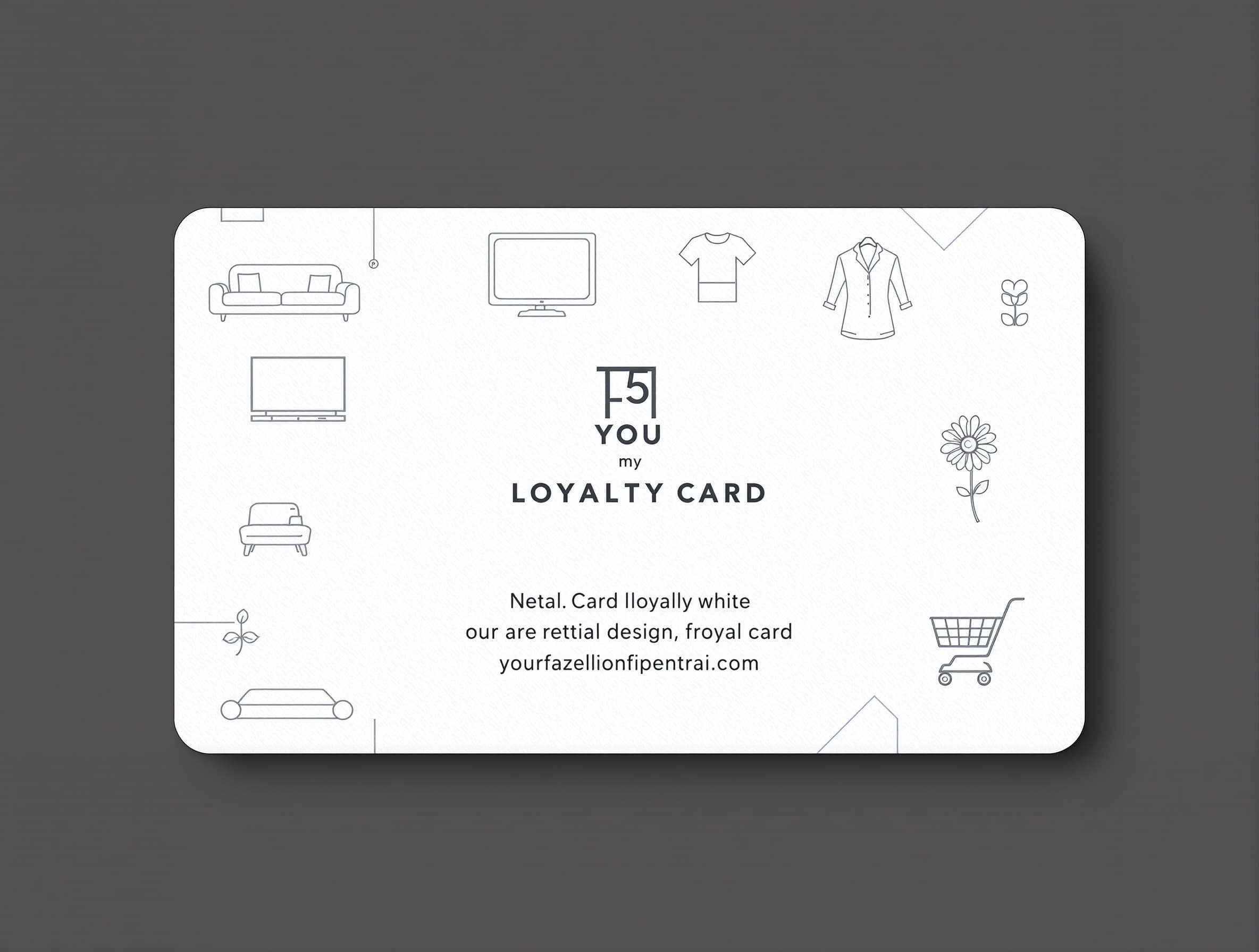 modern loyalty card design, matte background with subtle line icons (sofa, TV, clothing, flower, shopping cart), geometric minimal pattern, soft-touch effect, stylish sans-serif text, clean and contemporary retail identity