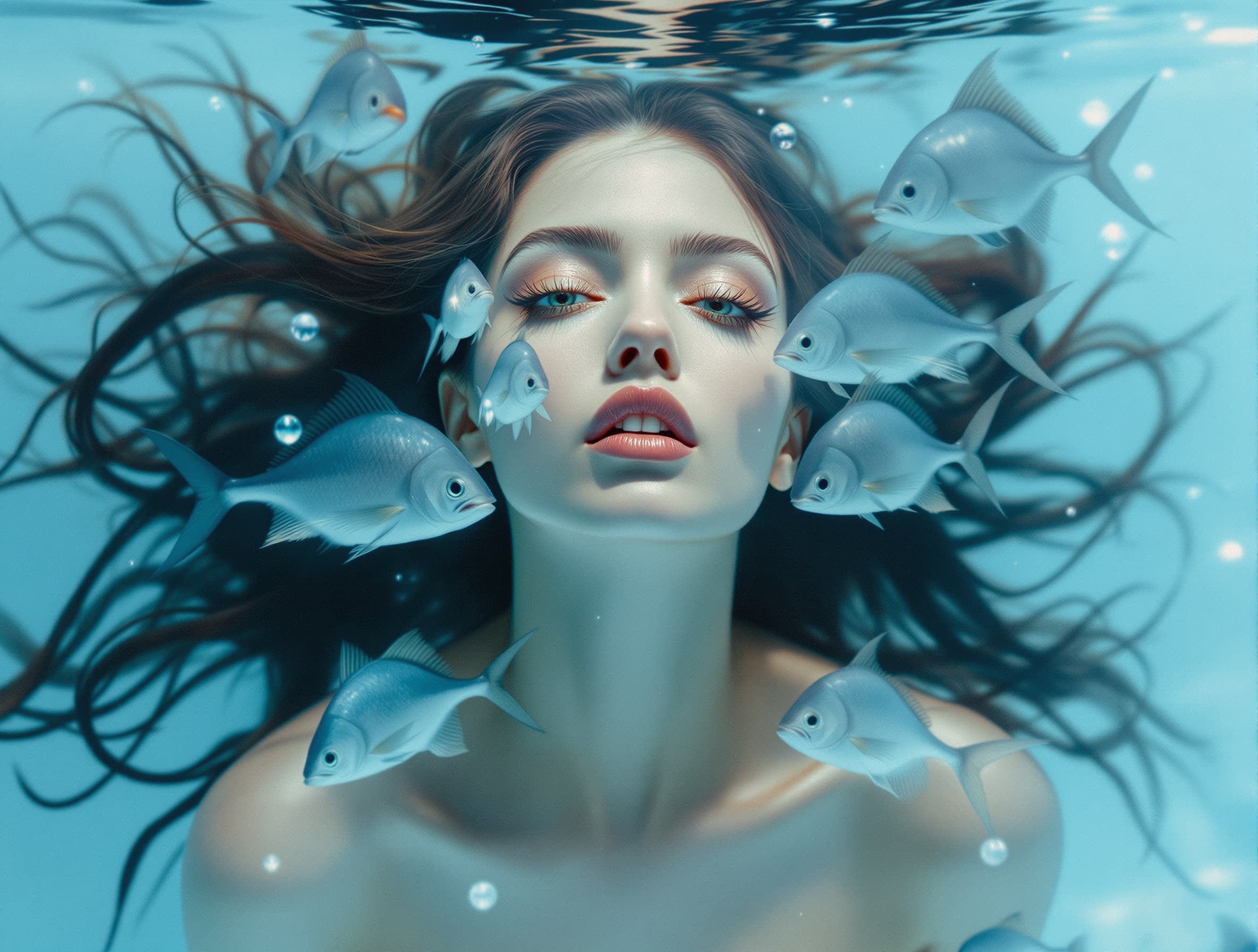 a portrait of a woman with fish swimming around her face, in the style of surrealism, surreal fashion photography, hyper-realistic water, blue and white tones, surreal editorial, minimal retouching, playful expressions, surreal underwater scenes, floating with multiple fish.