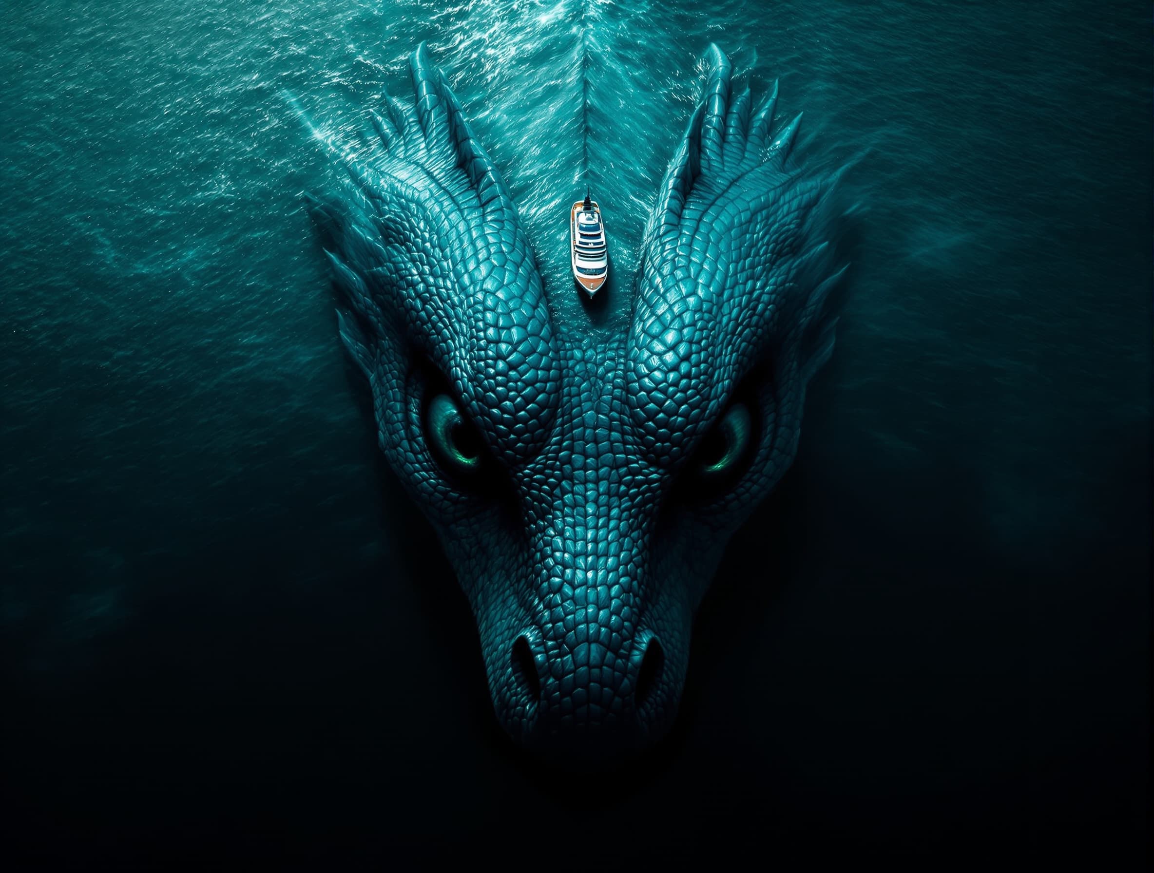 aerial photography of the deep sea, an eye-shaped creature in front is staring at me with its large eyes open and looking up from below. a small cruise ship floats on it. the huge dragon's head hangs over half above the water surface. in dark blue-green tones, the scene creates a mysterious atmosphere. high-definition resolution, movie-like texture.
