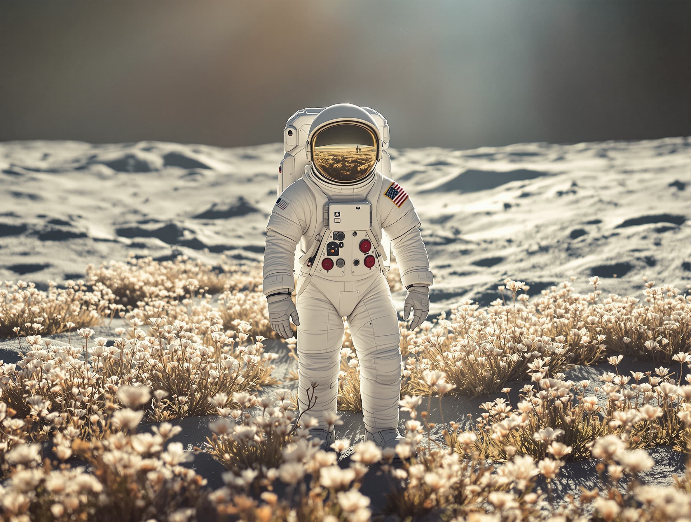 Realistic and detailed portrait of an astronaut on the moon surrounded by wildflowers, warm natural sunlight, soft shadows, dreamy and delicate atmosphere, delicate floral elements in the foreground, vintage feel, cinematic colors, high resolution image, professional photography quality
