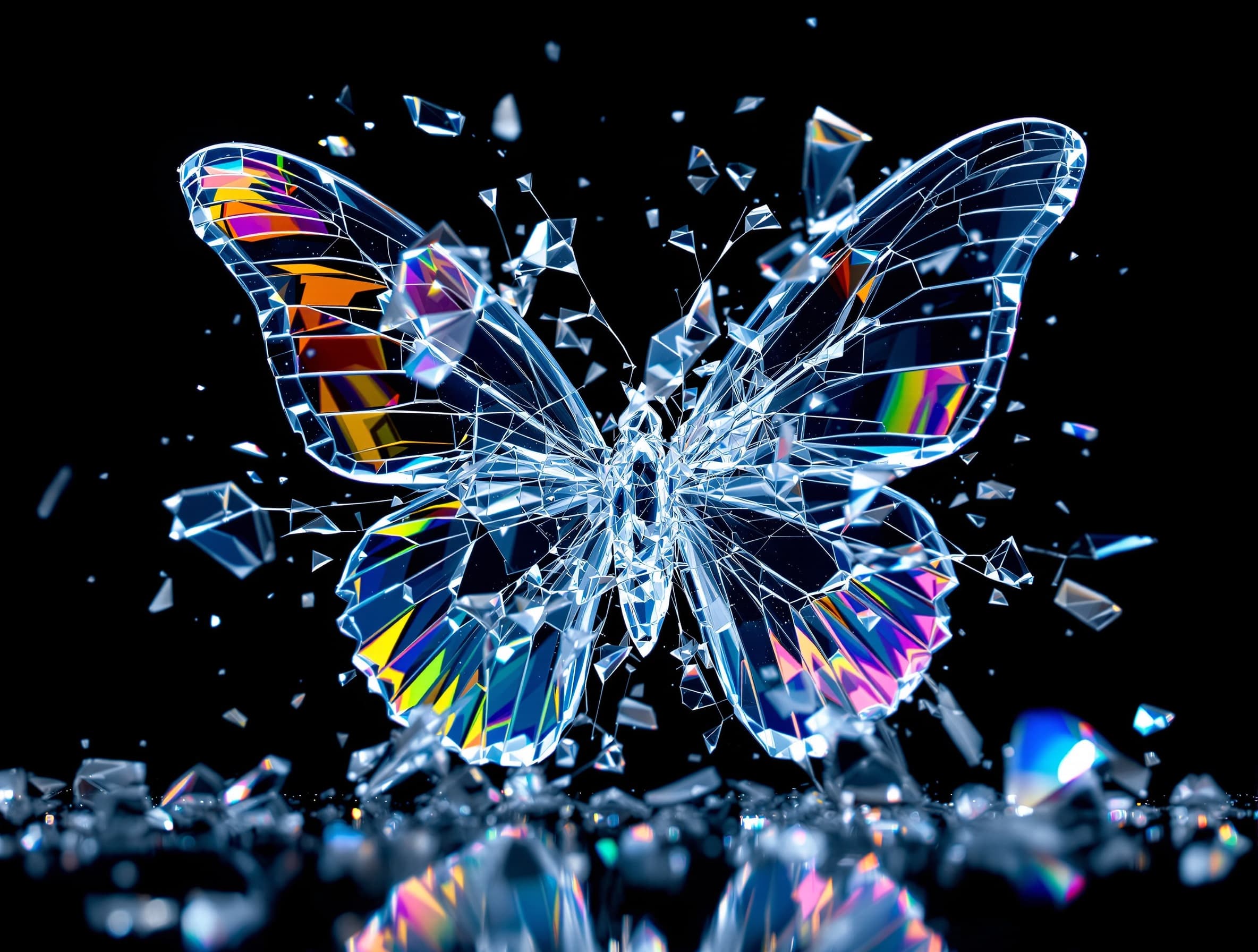 a glass butterfly shattering into fragments on a pure black background, illuminated by a single beam of light that creates a soft rainbow refraction effect on the glass shards, hyperrealistic, ultra-detailed, cinematic lighting, high contrast, macro photography style