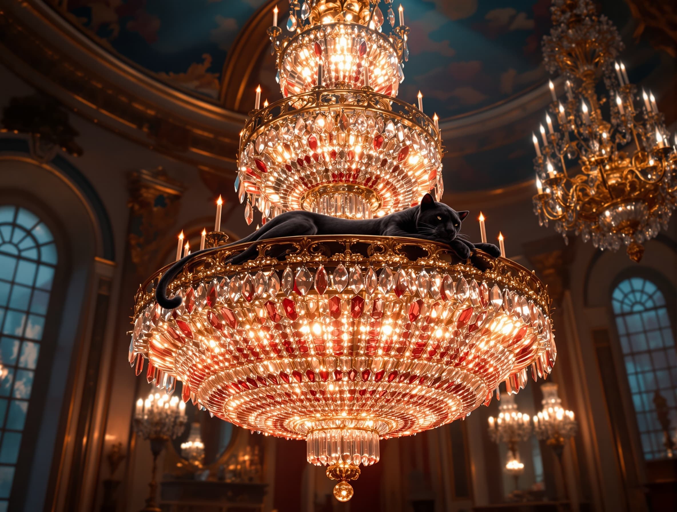 black panther lying on a massive multi-tier crystal chandelier made of cut glass prisms and teardrop crystals, gilt bronze frame, glowing in deep ruby red and golden light, inside a luxurious baroque palace ballroom with arched windows, gilded walls, fresco ceiling and chandeliers in the background, elegant masked ball atmosphere, cinematic low-angle view, dramatic lighting, volumetric light rays, ultra-realistic, 8k, moody, rich detail, shallow depth of field