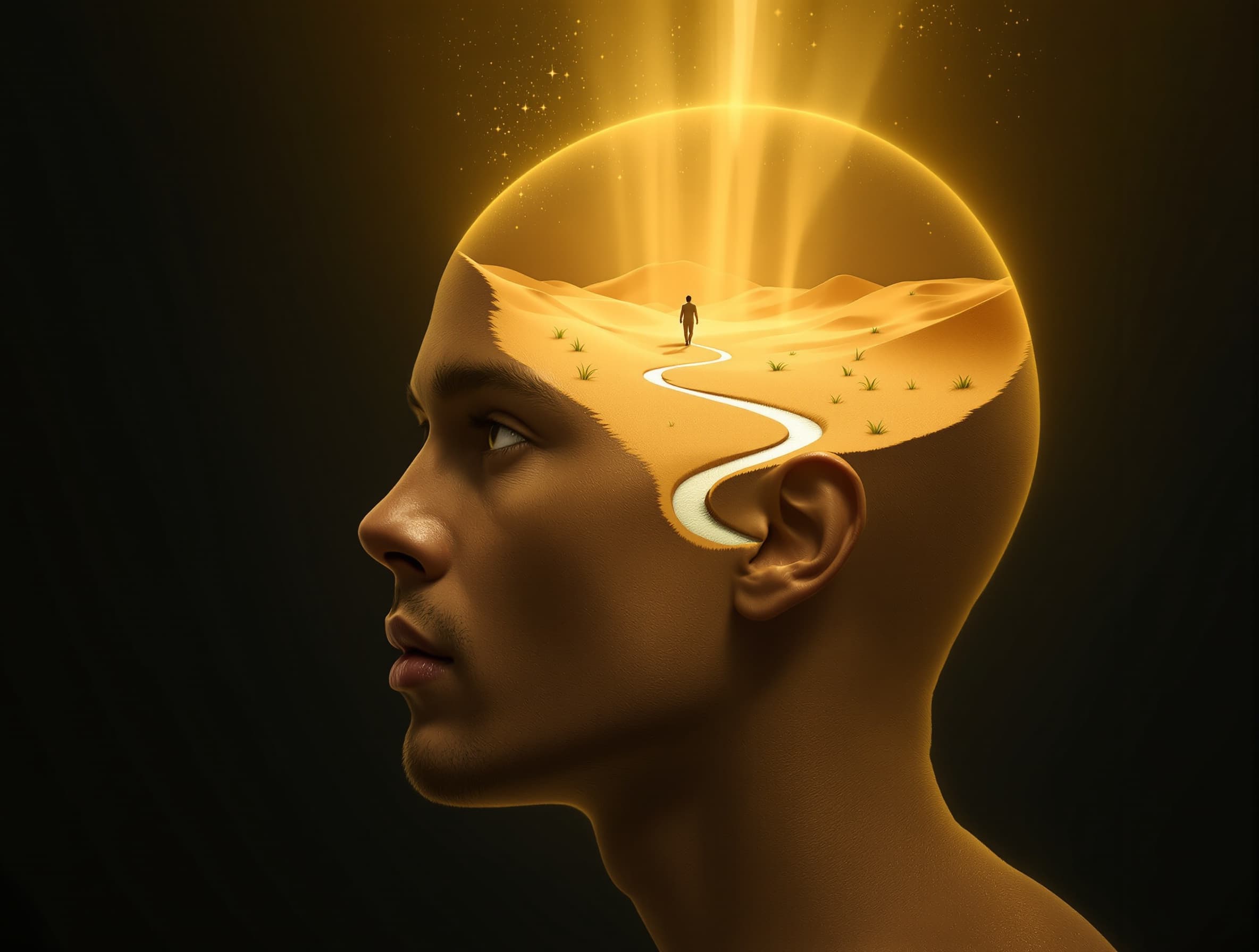 A surreal portrait of a **man's head**, realistic skin, soft warm lighting, thoughtful and reflective facial expression. Inside the head, a desert landscape symbolizes the life journey. A **lone male figure** walks thoughtfully along a winding path. Small green grass sprouts and a thin flowing stream appear in the sand, symbolizing life and emerging thoughts. Soft glowing light streams inside the head, creating a sense of subtle movement and depth. The overall atmosphere conveys deep contemplation and self-reflection, in the style of René Magritte and cinematic realism