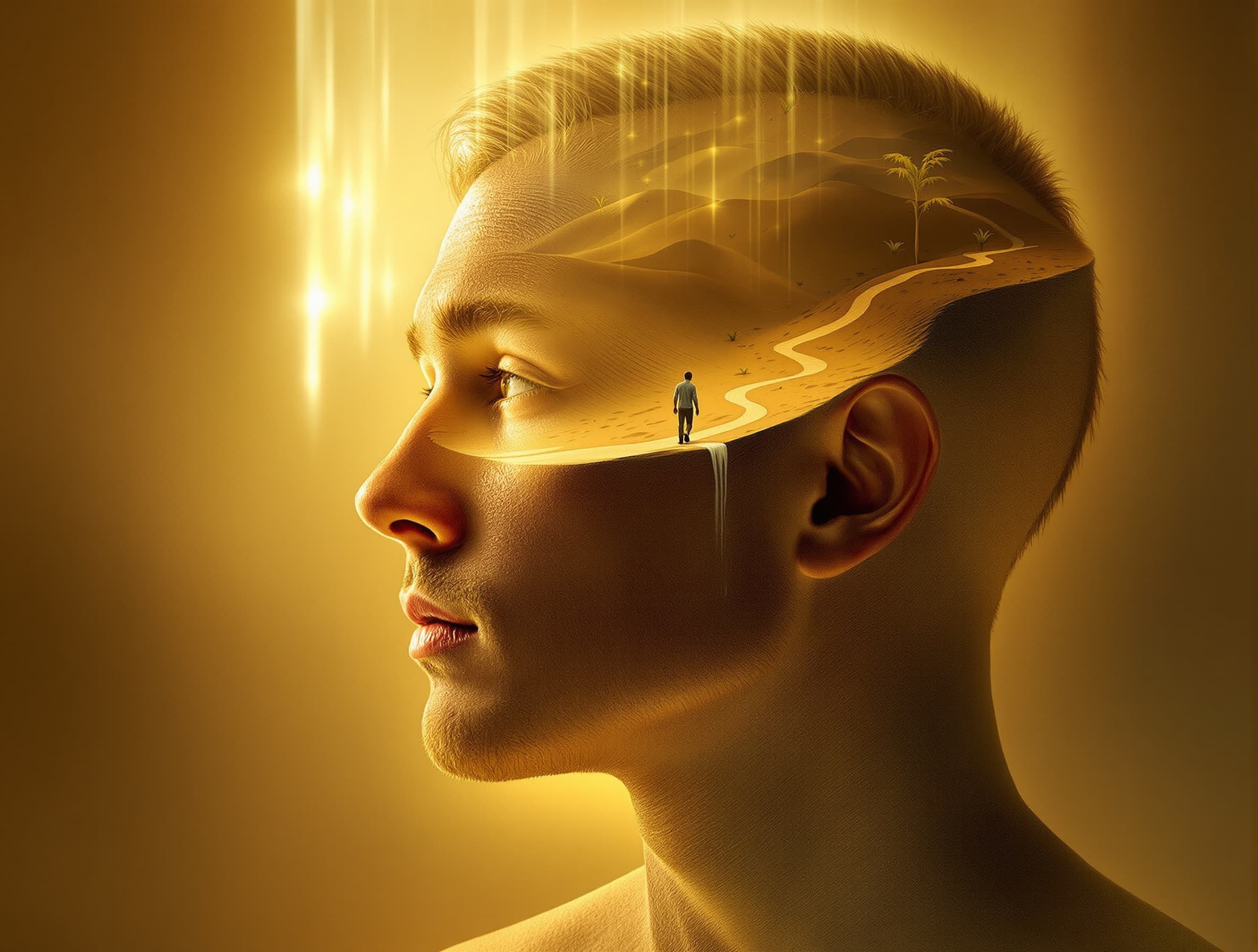 A surreal portrait of a **man's head**, realistic skin, soft warm lighting, thoughtful and reflective facial expression. Inside the head, a desert landscape symbolizes the life journey. A **lone male figure** walks thoughtfully along a winding path. Small green grass sprouts and a thin flowing stream appear in the sand, symbolizing life and emerging thoughts. Soft glowing light streams inside the head, creating a sense of subtle movement and depth. The overall atmosphere conveys deep contemplation and self-reflection, in the style of René Magritte and cinematic realism
