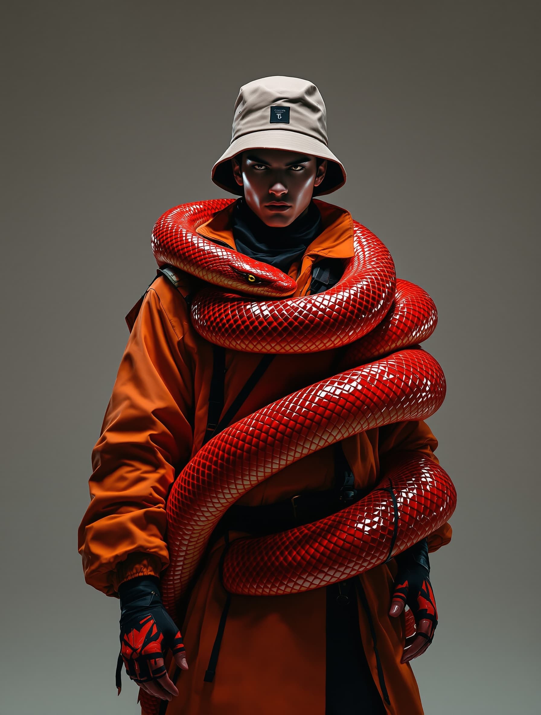 realistic studio photography of a futuristic samurai man, wearing layered orange jacket with black details, bucket hat, strong masculine vibe, dramatic cinematic lighting with deep shadows, hyper realistic textures of fabric and skin, ultra detailed, photorealistic, large vivid red snake wrapping tightly around his body, coiling around shoulders, arms and neck, snake glowing with intense scales reflection, realistic anatomy, fashion editorial style, sharp focus, shot with Canon EOS R5, 85mm lens,