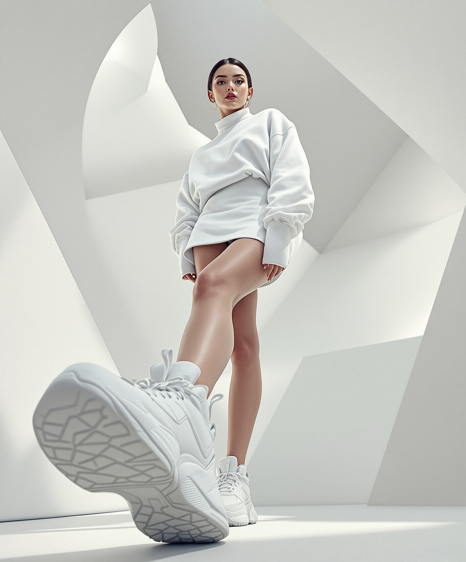 Model leaning towards the camera, low angle, ultra wide angle lens, one leg extended towards the camera, sneaker in focus, dynamic editorial pose, futuristic white tracksuit made of a sweater and a short tennis skirt, Deep studio lighting, contrasts, geometric background, fashion magazine style. Glamorous photorealism.