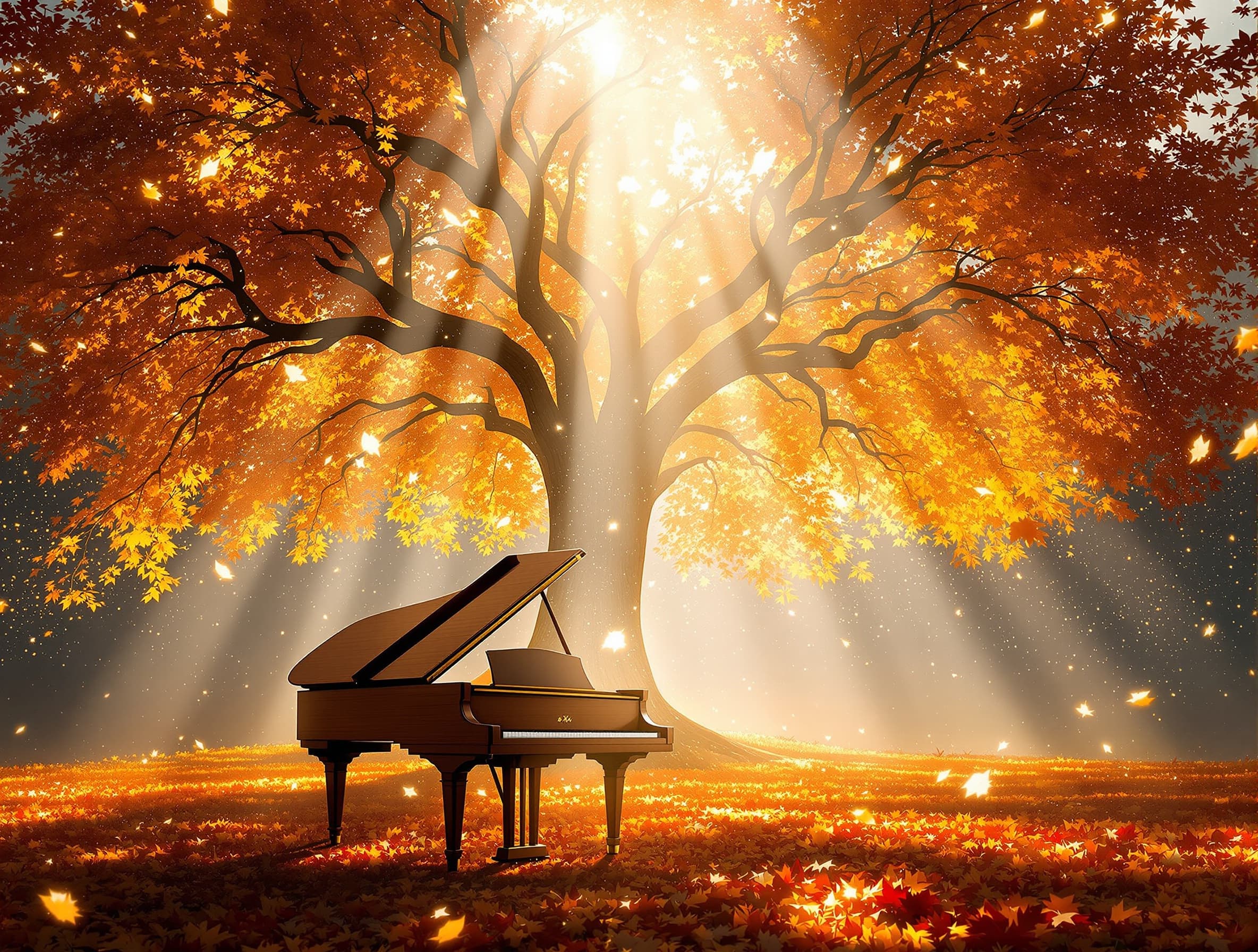 a grand piano standing beneath a majestic glowing autumn tree, surrounded by golden and red leaves illuminated by a beam of ethereal light, shimmering white and gold particles floating in the air, magical atmosphere, cinematic lighting, high contrast, detailed textures, volumetric light rays, fantasy realism, 8k, ultra-detailed, artistic composition,
