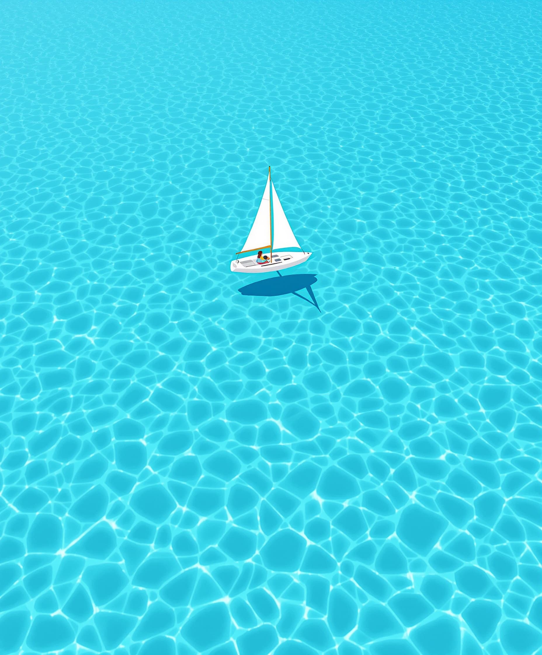 side view of a small white sailboat with two sails clearly visible, floating in the middle of crystal-clear pool-like turquoise water, bright aqua tones, transparent and luminous surface, sunlit ripples sparkling, minimalistic serene composition, no people, no background distractions, minimalist wall art style