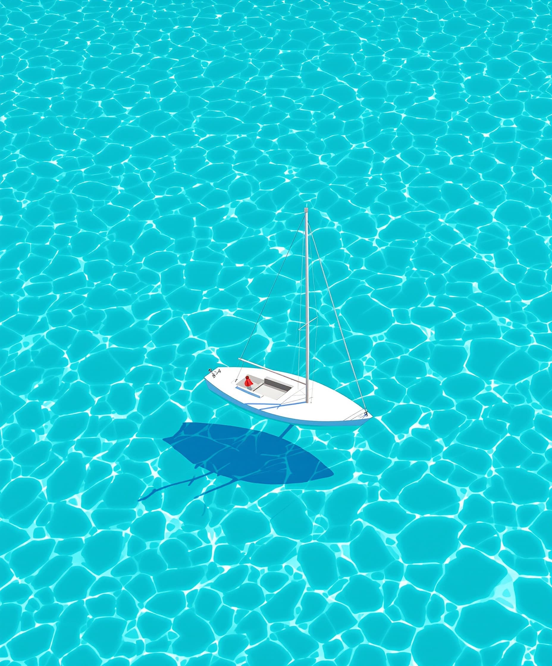 side view of a small white sailboat with two sails clearly visible, floating in the middle of crystal-clear pool-like turquoise water, bright aqua tones, transparent and luminous surface, sunlit ripples sparkling, minimalistic serene composition, no people, no background distractions, minimalist wall art style