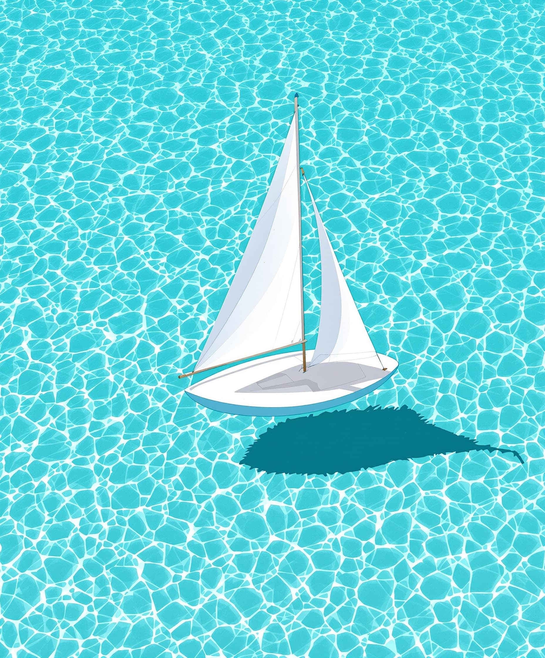 side view of a small white sailboat with two sails clearly visible, floating in the middle of crystal-clear pool-like turquoise water, bright aqua tones, transparent and luminous surface, sunlit ripples sparkling, minimalistic serene composition, no people, no background distractions, minimalist wall art style