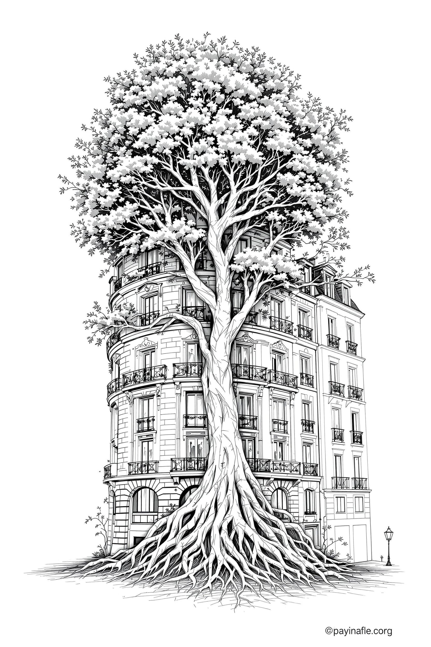 A poetic illustrated frieze of Paris, where stone and vegetation merge in harmony. A Haussmannian building façade blends seamlessly with a majestic tree: foundations transform into roots, balconies extend into branches, and rooftops dissolve into leafy canopies. The lines of architecture and nature intertwine, their materials merging into one continuous flow. Style: pencil line drawing, detailed, elegant, romantic, Parisian atmosphere. Composition should feel like a symbolic fusion not decorative but conceptual, representing architecture rooted in its soil, imbued with climate, and harmonized with its context. Balanced contrast between stone, iron balconies, and organic forms. Black and white, fine hatching, minimal shadows, no color.