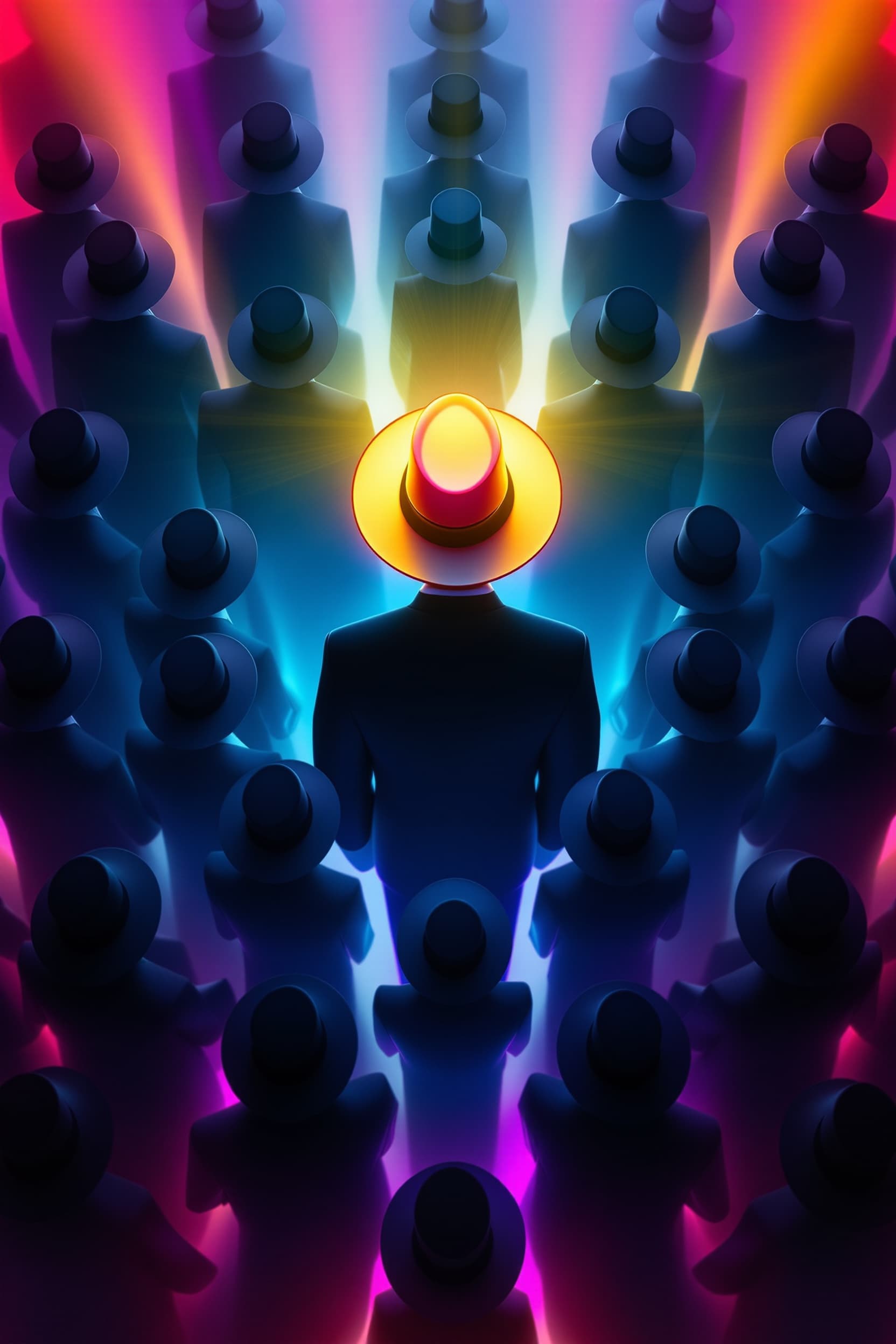a conceptual image showing many people wearing black suits and black hats arranged in a pattern, with one central hat in a vibrant color glowing brightly vivid coral, electric blue, or golden yellow surrounded by soft colorful ambient light, smooth gradient background with vibrant hues of teal, magenta, and orange, high contrast yet bright aesthetic, cinematic lighting, ultra detailed textures, modern premium visual style, symbolizing individuality and innovation, no text, 8k ,