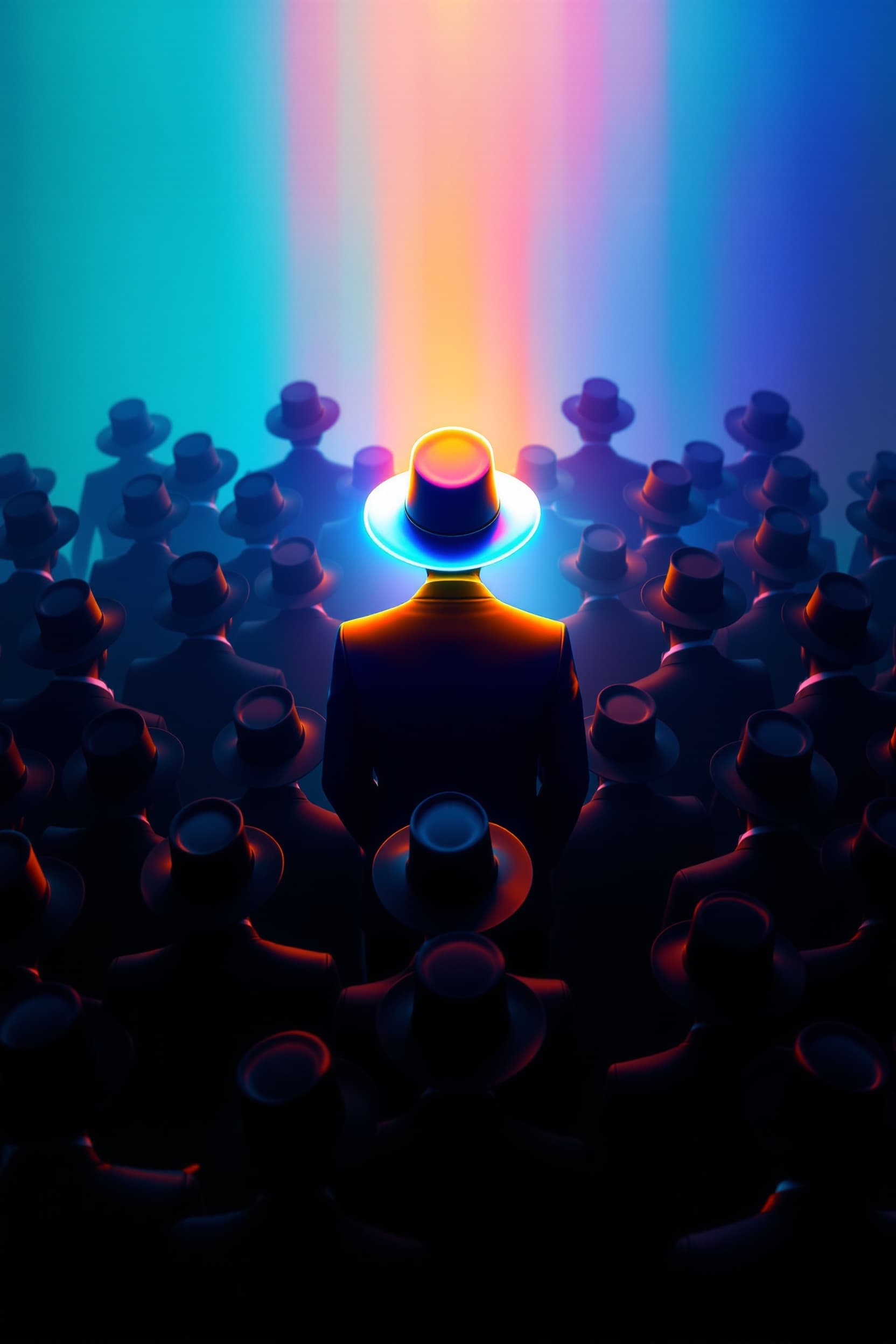 a conceptual image showing many people wearing black suits and black hats arranged in a pattern, with one central hat in a vibrant color glowing brightly vivid coral, electric blue, or golden yellow surrounded by soft colorful ambient light, smooth gradient background with vibrant hues of teal, magenta, and orange, high contrast yet bright aesthetic, cinematic lighting, ultra detailed textures, modern premium visual style, symbolizing individuality and innovation, no text, 8k ,