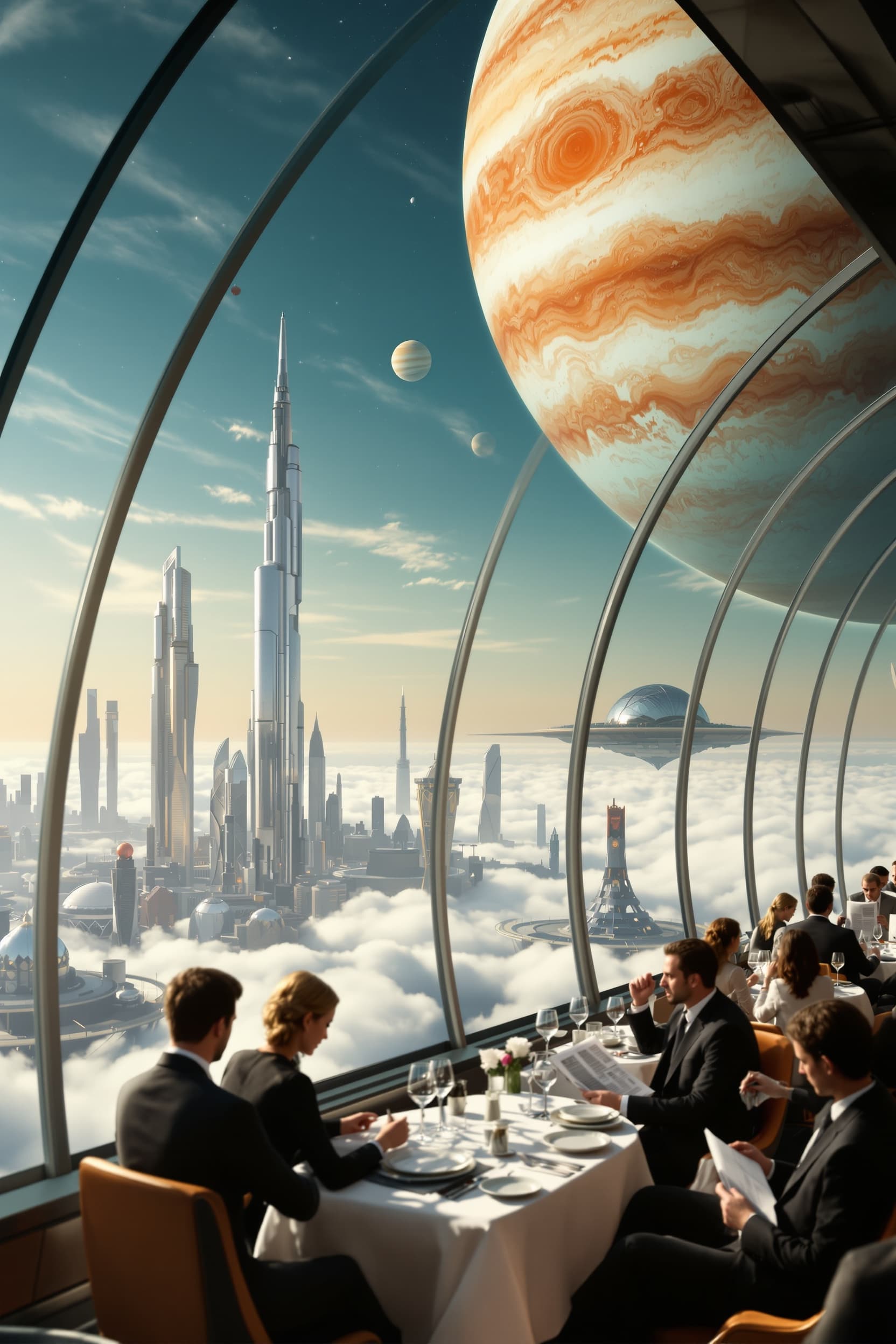 Ultra-realistic cinematic scene inside a luxurious futuristic train carriage with panoramic glass windows. Passengers, elegantly dressed in suits and formal attire, sit at refined dining tables with neatly arranged glasses and plates. Some are calmly reading newspapers, exuding sophistication and elegance. Outside the curved transparent windows, a breathtaking futuristic city stretches across the horizon towering metallic skyscrapers, dome-like structures, and floating platforms rising above the clouds. In the sky above the city, the giant planet Jupiter looms magnificently, its swirling orange and white bands and the Great Red Spot clearly visible, adding a surreal cosmic grandeur to the scene.