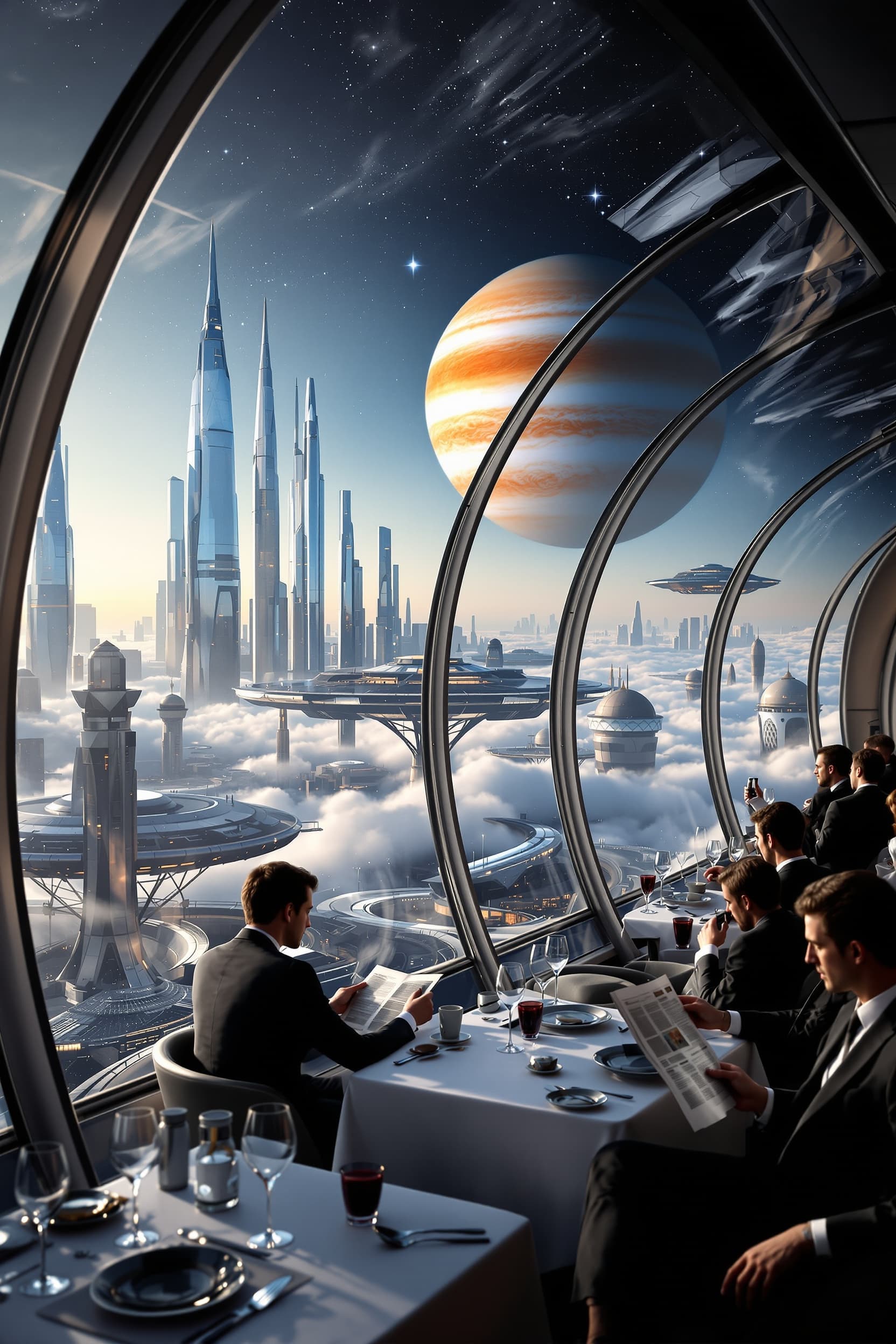 Ultra-realistic cinematic scene inside a luxurious futuristic train carriage with panoramic glass windows. Passengers, elegantly dressed in suits and formal attire, sit at refined dining tables with neatly arranged glasses and plates. Some are calmly reading newspapers, exuding sophistication and elegance. Outside the curved transparent windows, a breathtaking futuristic city stretches across the horizon towering metallic skyscrapers, dome-like structures, and floating platforms rising above the clouds. In the sky above the city, the giant planet Jupiter looms magnificently, its swirling orange and white bands and the Great Red Spot clearly visible, adding a surreal cosmic grandeur to the scene.