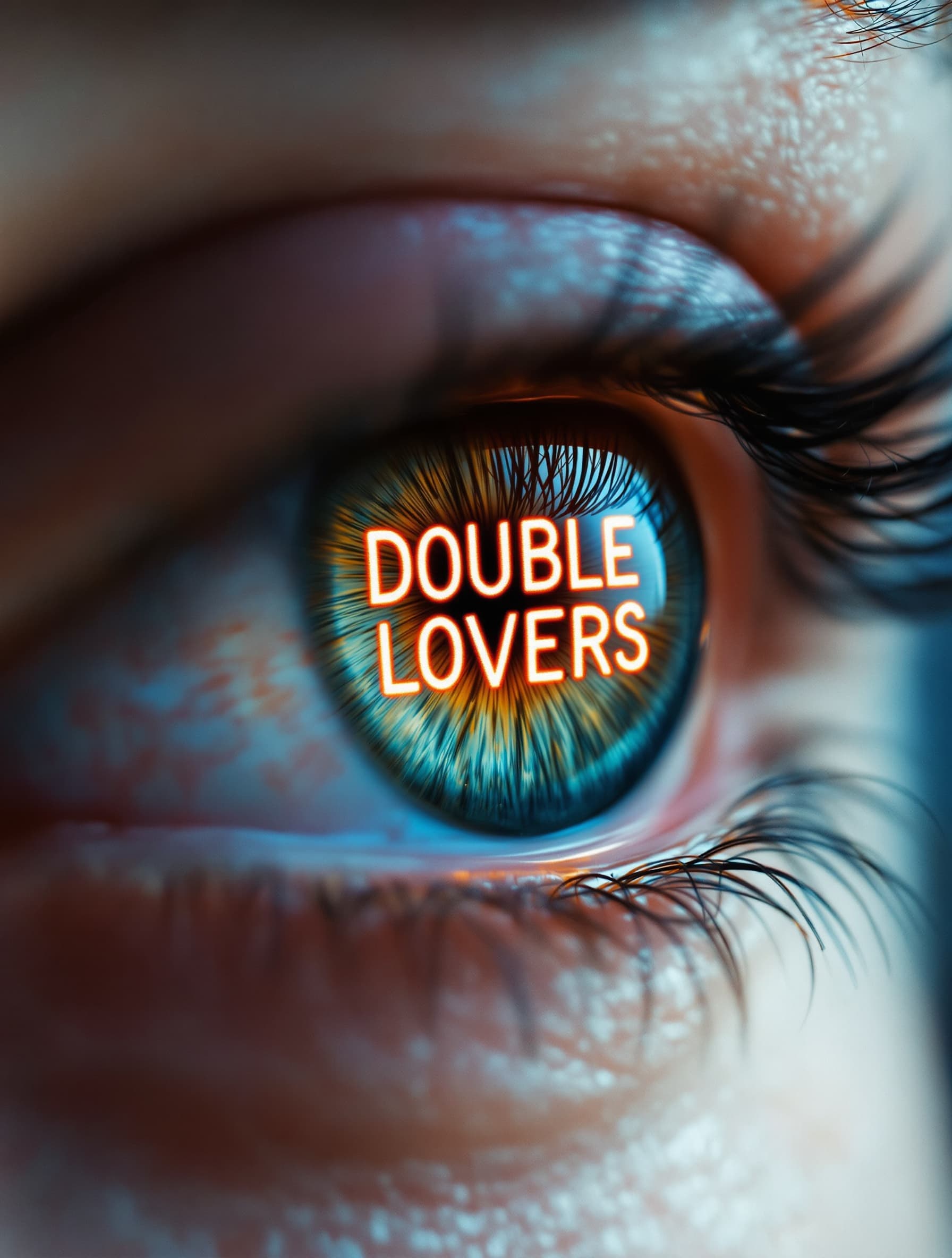 close-up of a human eye reflecting the words "DOUBLE LOVERS", hyper-realistic iris details, reflections on the cornea showing glowing typography, cinematic lighting, depth of field effect, realistic photography, close-up lens 85mm, full frame DSLR, ISO 100, f/1.4, shallow depth of field