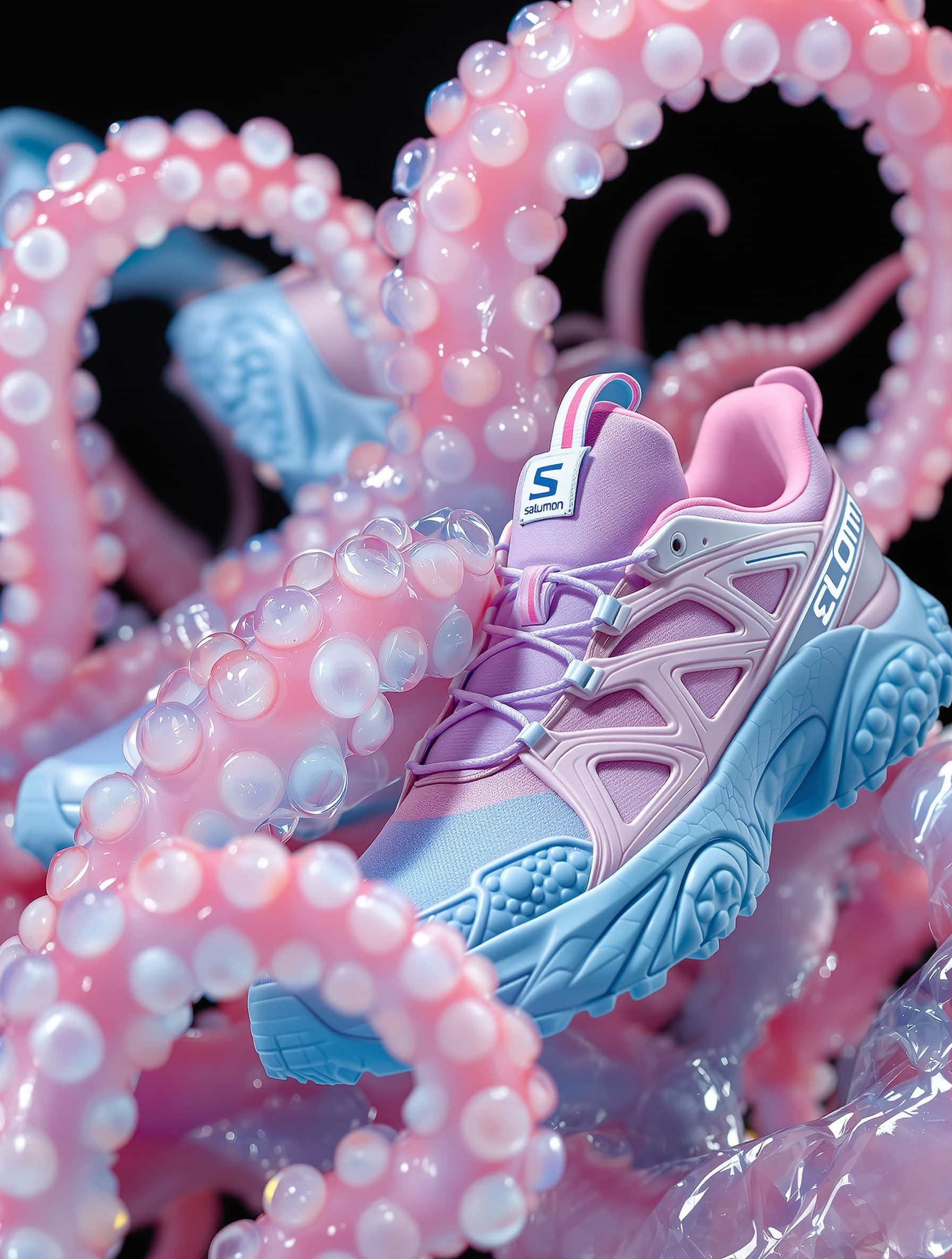 A surreal still life of transpatent octopus tentacles intertwined with sleek Salomon XT-6 sneakers in pastel pink and silver, showcasing the textured blue sole with organic bubble-like patterns, dramatic contrast of vibrant transparent suction cups against soft pastel blue rubber, high-fashion editorial photography, hyper-realistic details, glossy textures, dramatic lighting, experimental sportswear x marine surrealism aesthetic