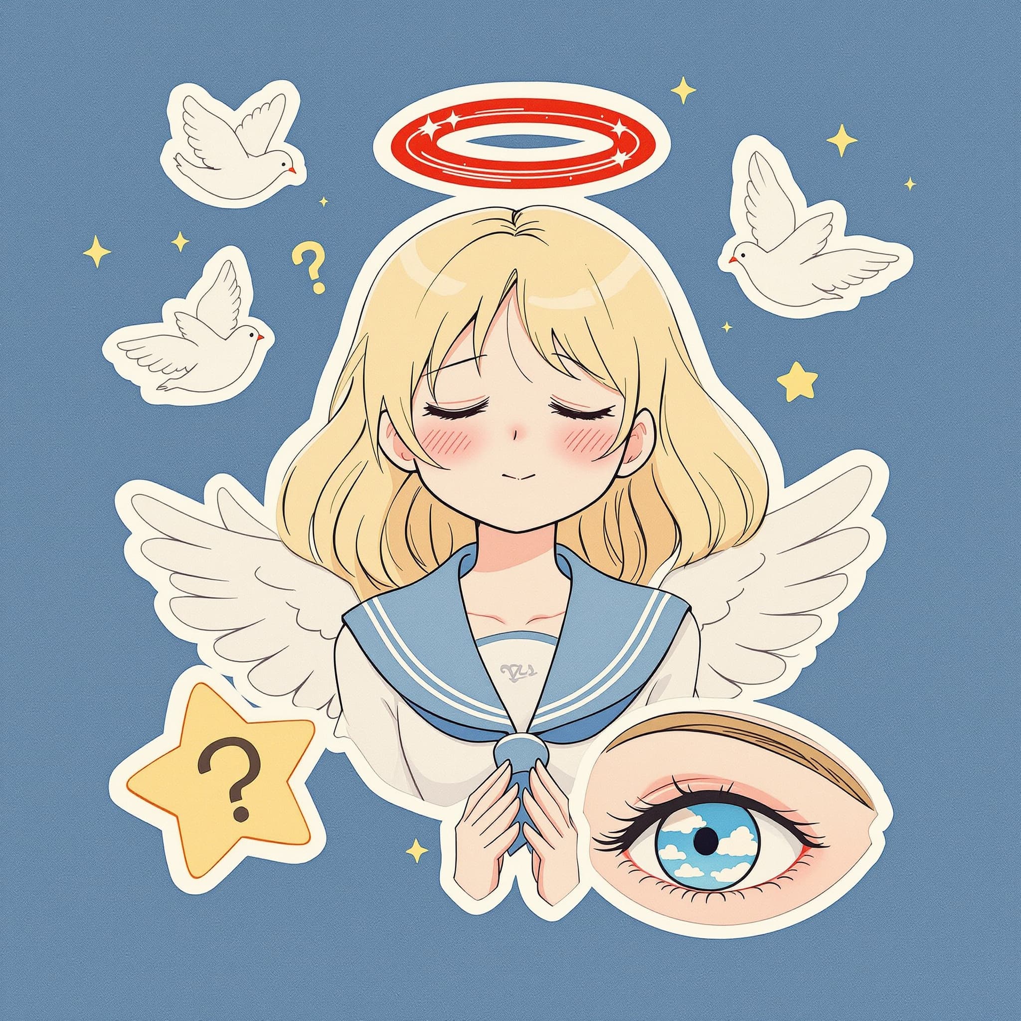 9:16, digital illustration, manga sticker collage style, textured blue background with dot and grid patterns, central blonde girl in a sailor school uniform with red painterly halo and angel wings, repeated in overlapping comic panels, multiple cute expressions (sleeping, calm, thoughtful), surrounded by flying white doves, pixel art question mark, yellow outline star, close-up eye with sky clouds reflections, playful cutout arrangement, generous negative space, not crowded. Clean textured lineart, pastel colors, soft grain, matte powdery surfaces, no harsh shine, soft-colored outlines with faint white borders, gentle dot tones for shading. Color palette: gentle blues, creams, soft yellow, powder pink, red accents. Vintage manga screentone, VSCO pastel filter, low contrast, matte look, faded shadows, analog grain. Dreamy, gentle, nostalgic, cartoonish, neo-retro shoujo pop art, soft airbrush effect, Instagram editorial mood