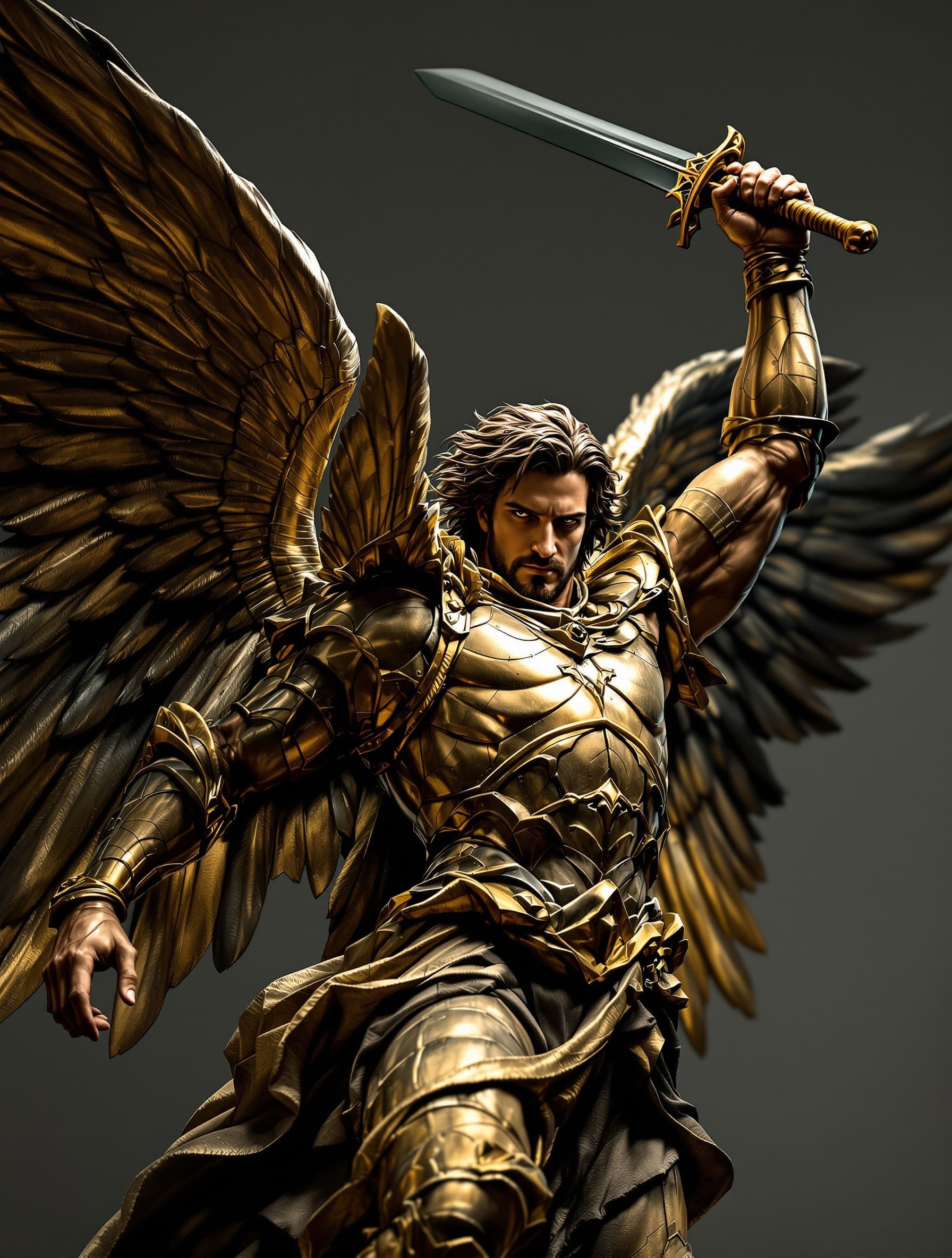Saint Michael, the Archangel striking down with a sword in one hand. Dynamic downward angle. Heroic flowing hair. Dark souls vibes.. A long vertical composition. Gold-and-earth tones high contrast. Highly textured and detailed. Bernini statue style. Bright contrast and lighting on the masculine, rugged and handsome face. Large angel wings. Muscular anatomy, and detailed armor. High detailed. dramatic shadows.