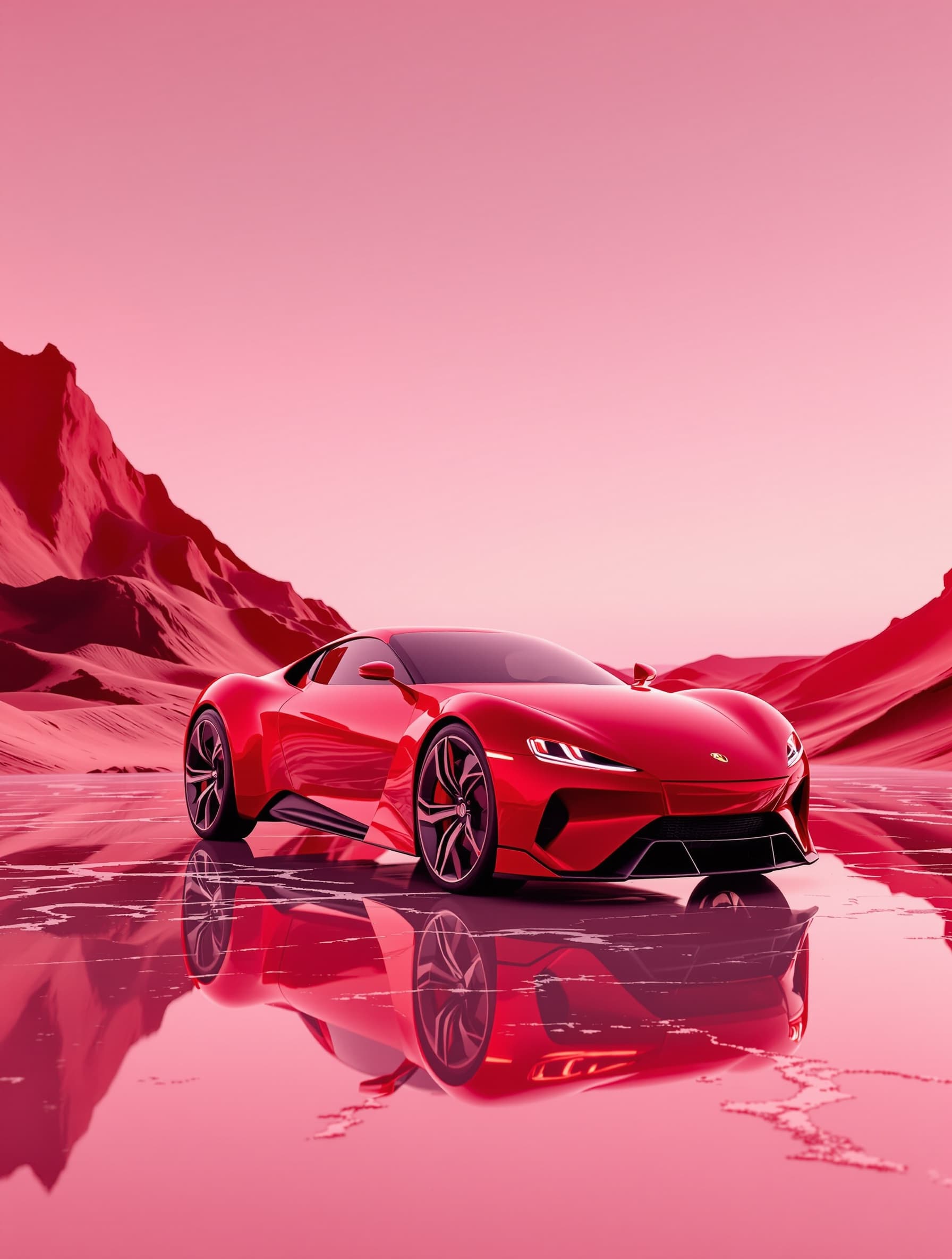 minimal fashion editorial: red car on polished mirror floor, abstract red dunes and pink gradient sky background, low-angle 3/4 front view, strong mirror reflections, crisp paint highlights, soft top+side lighting, shallow DOF, medium-telephoto compression, cinematic red-pink grading, ultra-detailed 8k, subtle lens flare and haze, no text, no logos