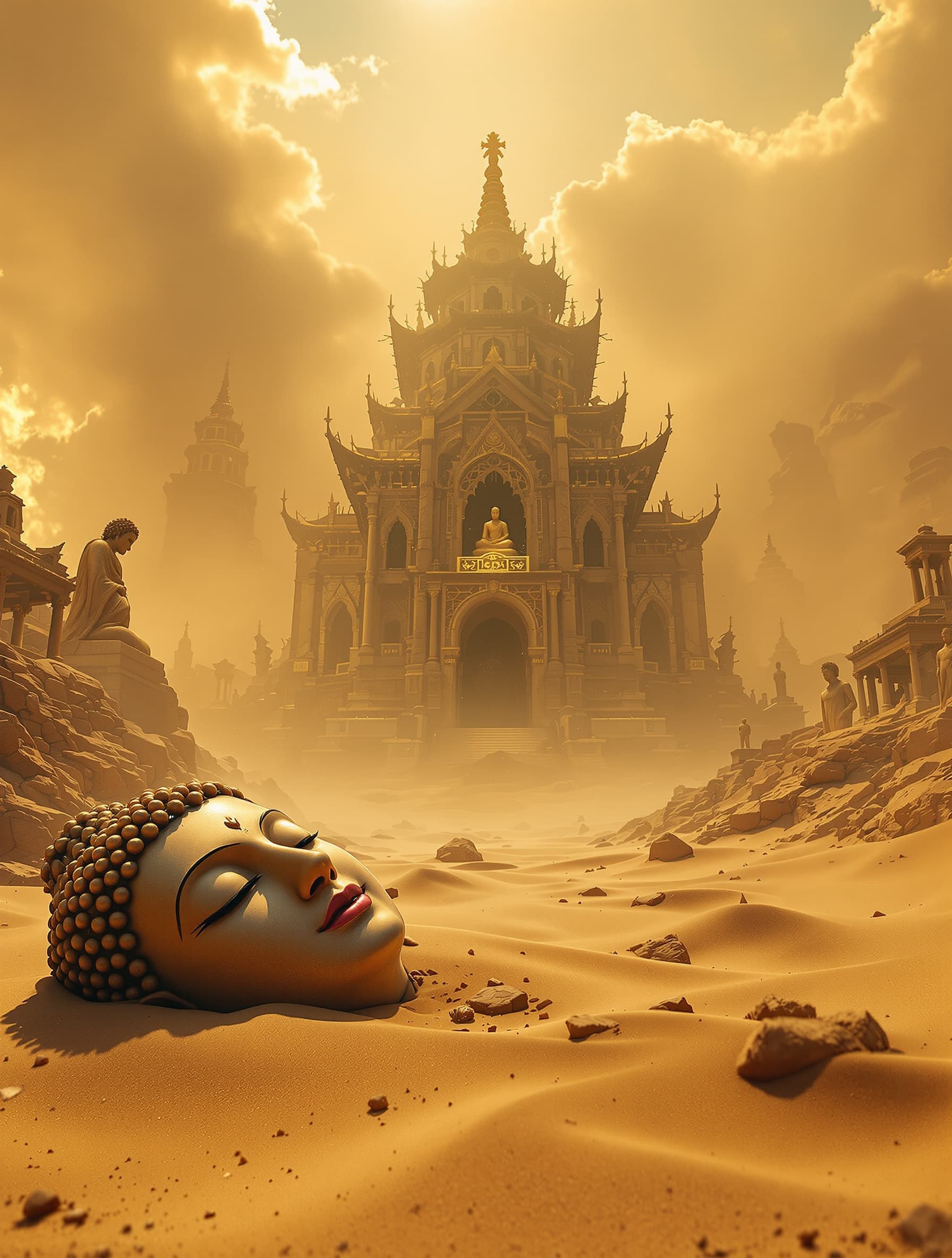 a surreal wide-angle shot from a low perspective, looking upward, depicting a desolated world turning into desert. In the midground stands a decaying architectural fusion of a Chinese temple and a Gothic cathedral, half-buried in golden dust. In the foreground lies a broken Buddha head, partially covered by sand, while ancient Greek statues fade in the distant background. Subtle rays of light pierce through drifting sand, cinematic lighting, melancholic atmosphere, 8K ultra detail, cinematic composition, concept art by Ryuichi Yoshida and Raphael Lacoste
