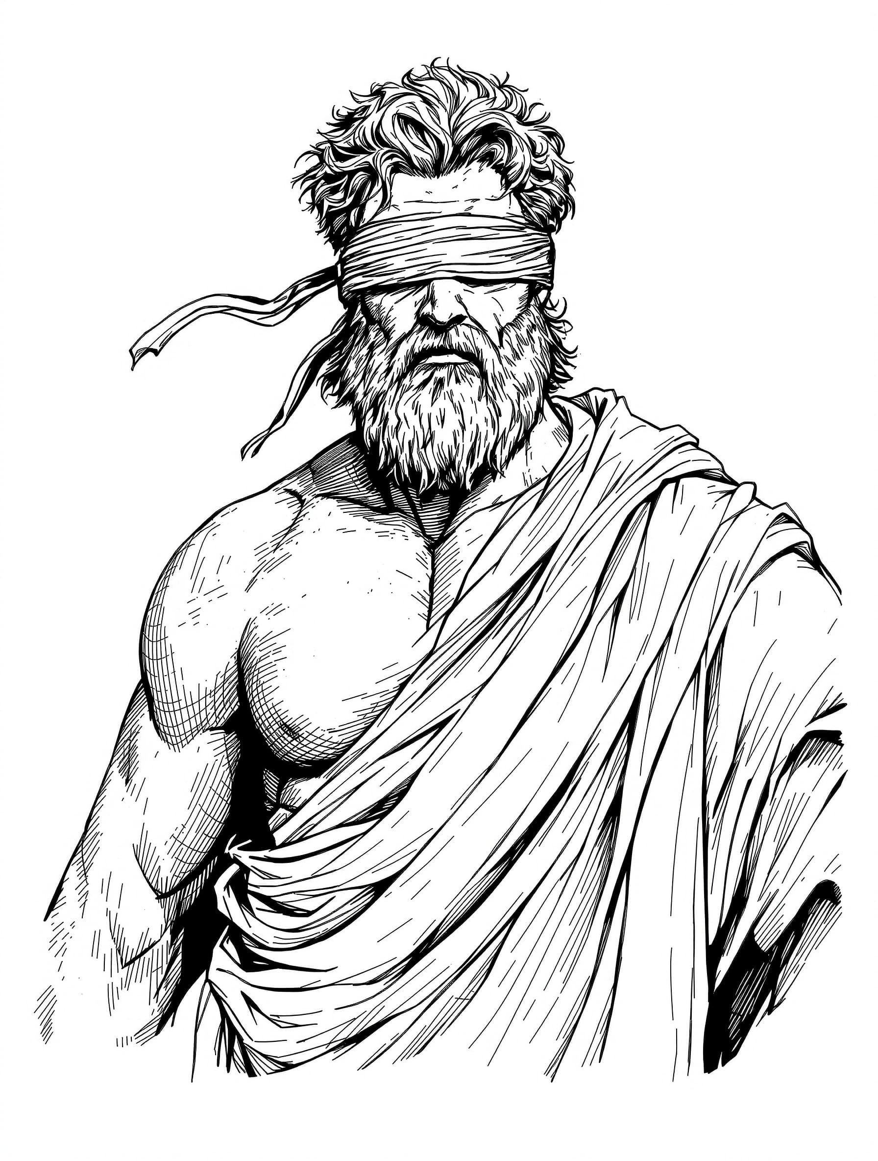 A black and white ink illustration of a Greek god with a stoic expression, holding a blindfold across his eyes. His physique is strong and heroic, with defined features inspired by classical sculpture. The mood should feel disciplined, divine, and focused like an ancient warrior of concentration. 4:5 aspect ratio