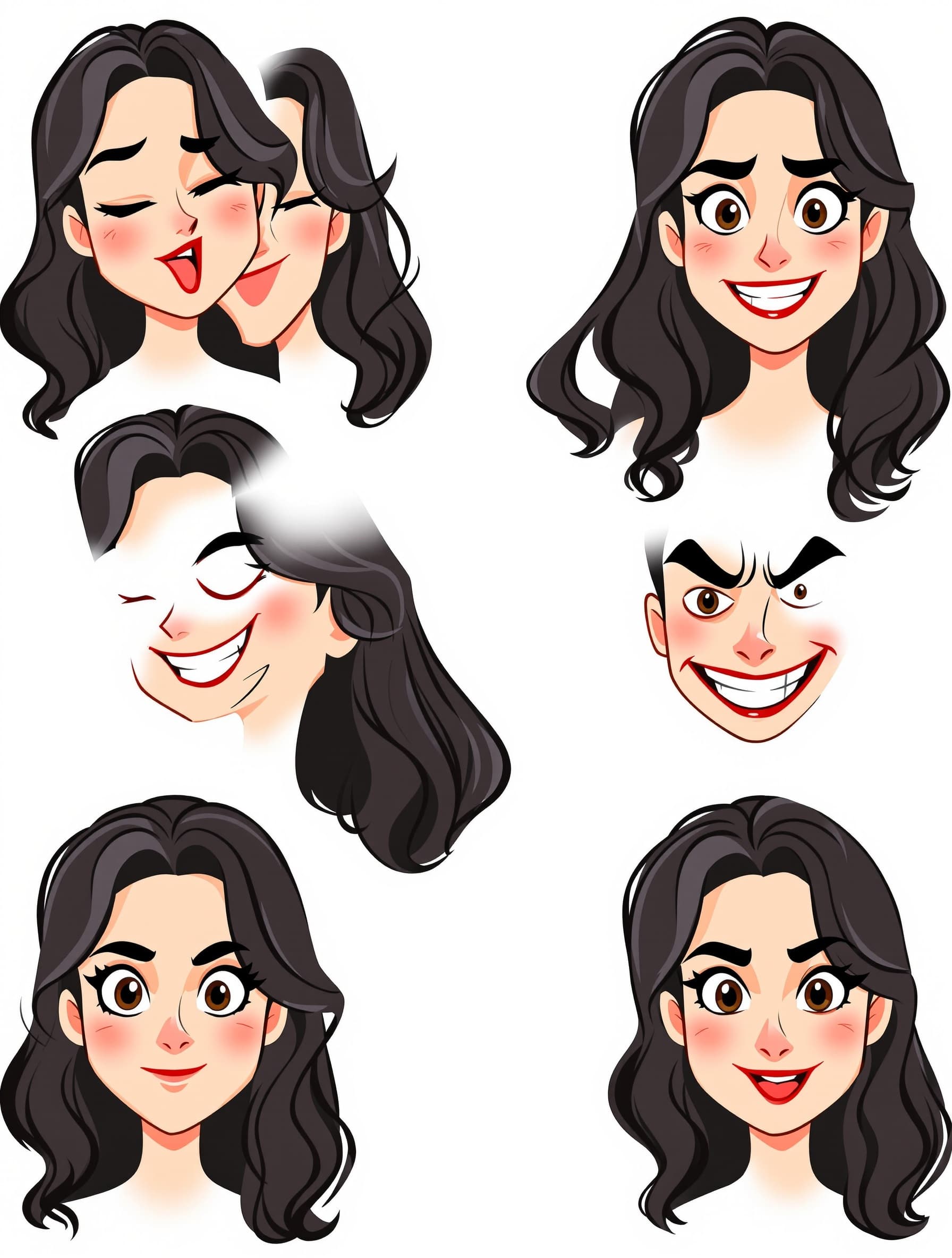 A cartoon-style character pack of the young woman, shown in different exaggerated emotions, drawn in a clean vector-like style. She has long wavy dark hair, big expressive eyes with thick lashes. Expressions should be hyper-exaggerated, funny and bold, with strong facial distortions, like in webcomics.Emotions to include: 1. Blissful pleasure eyes half-closed, slight blush, relaxed smile, head tilted back slightly, expression of deep enjoyment. 2. Smirk crooked smile on one side, one eyebrow raised, slightly mocking look. 3. Malicious glee wide grin showing teeth, narrowed eyes, arched brows, face tilted forward in a scheming way. 4. Calm neutral relaxed eyes, straight brows, closed lips, no emotion, peaceful default face. 5. Gentle smile soft curve of lips, glowing eyes, subtle warmth, friendly and light expression. Style references: clean bold lines, flat colors, minimal shading, similar to modern webtoon or Instagram comic strips. Consistent character design across all expressions.